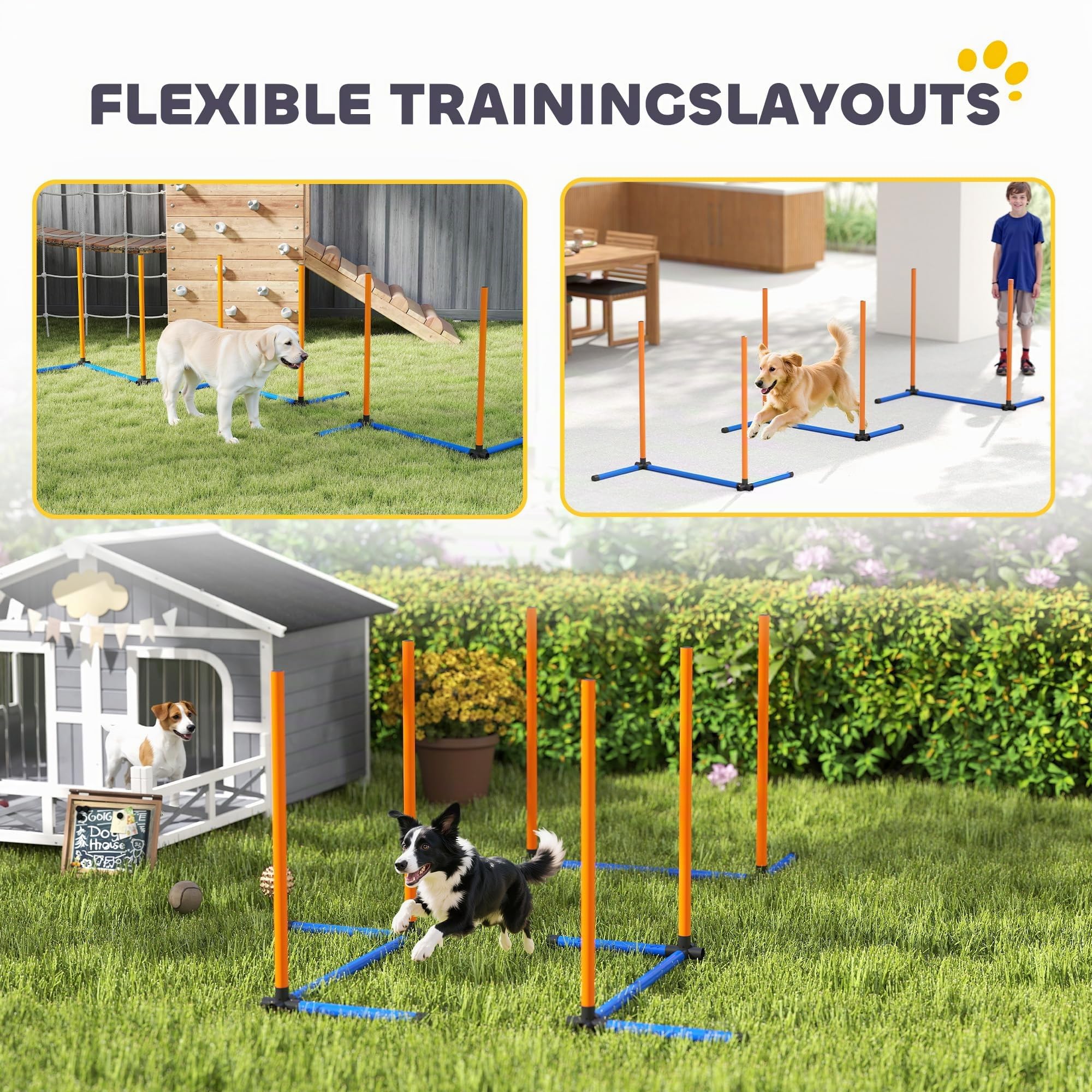 PawHut Agility Set Hunde 3-teiliges Trainingsset Slalomstangen Orange | Agility Ausrüstung, Erdspießen, Tragetasche, für alle Hundegrößen, für drinnen und draußen