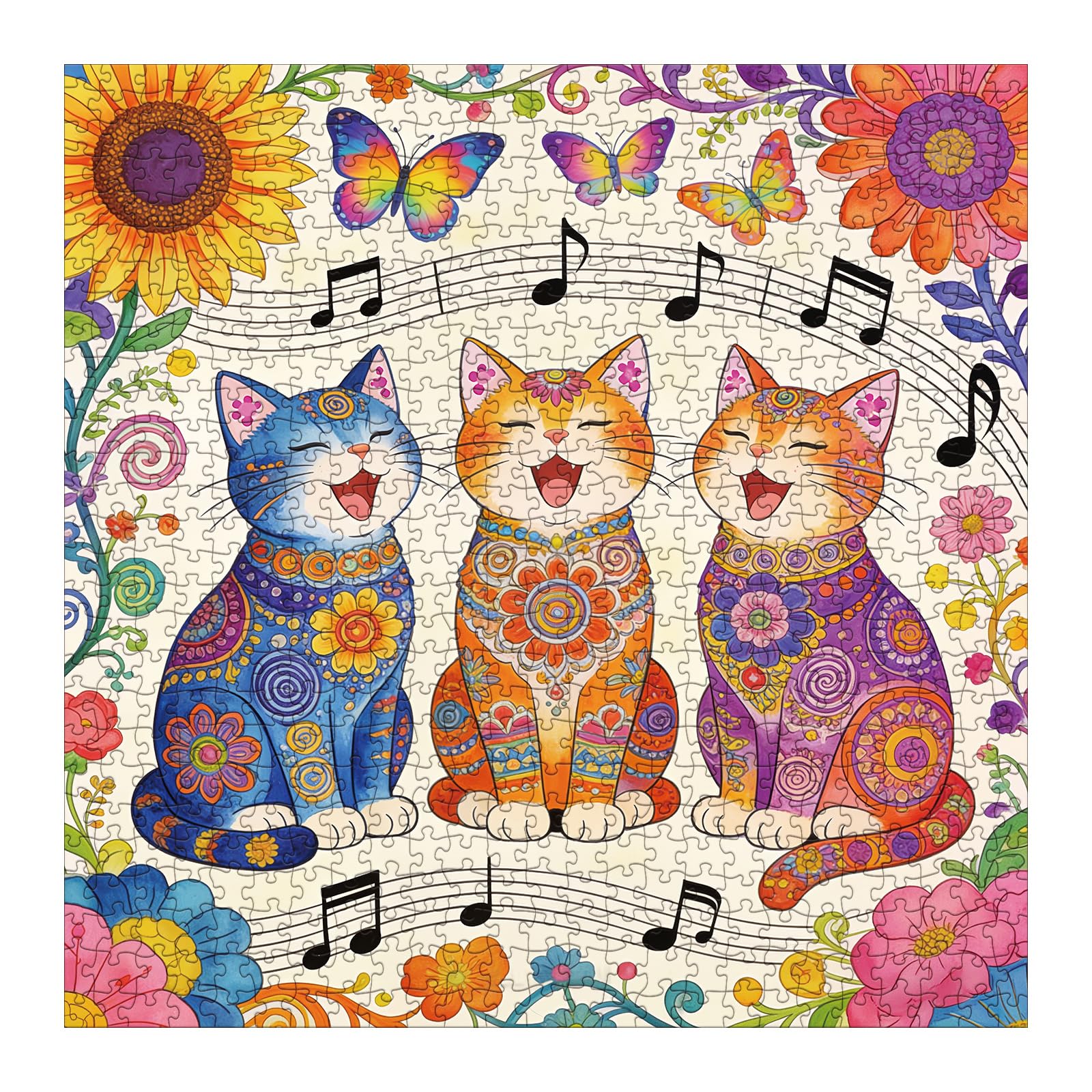 Funny Cat Flower Puzzles for Adults 1000 Pieces, Colorful Kitten Sunflower Music Art Painting Jigsaw Puzzles, Cute Animal Butterfly Plant Floral Garden Puzzle โ image 1