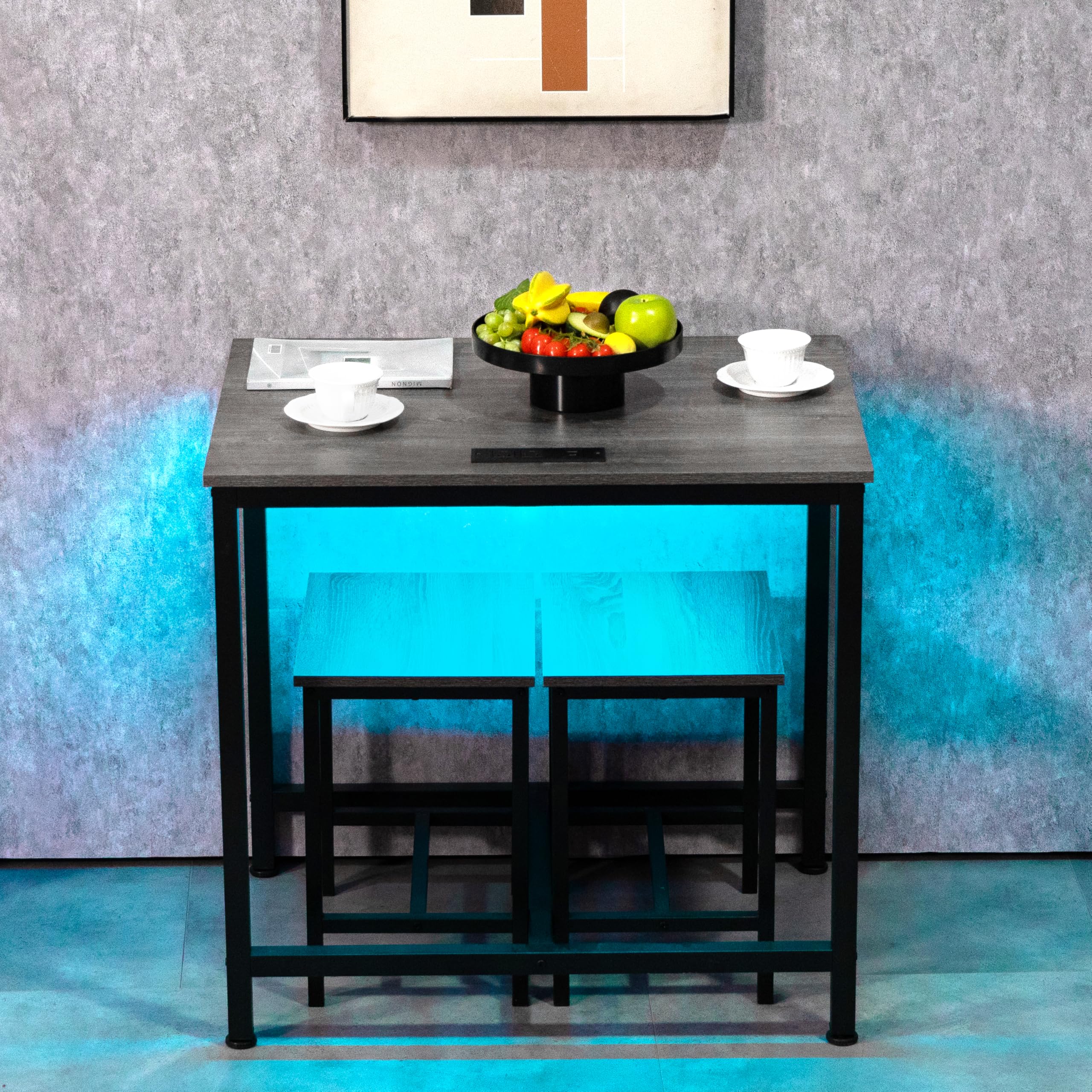 Juego de mesa de comedor de 3 piezas, mesa de cocina pequeña con 2 sillas, luz LED y toma de corriente USB tipo C, diseño que ahorra espacio para comedor, sala de estar, apartamento, gris y 4