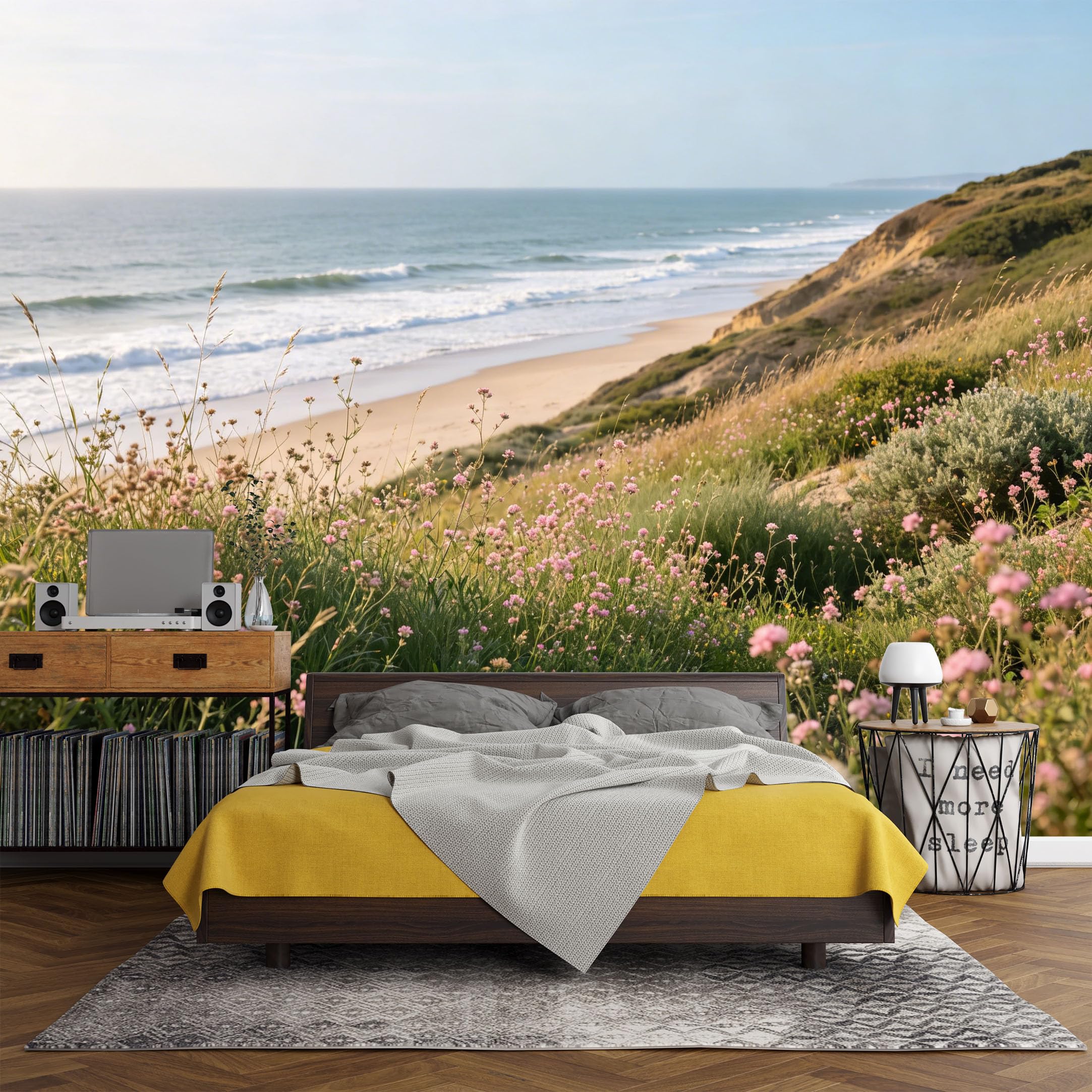 Custom Size Wall Mural， Coastal Beach Wildflower Cliff Ocean View Landscape，SelfAdhesive Art Prints wall Fabric (No PVC) Removable Wallpaper Living Room Decor