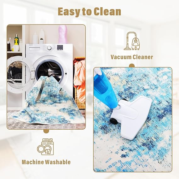 Carvapet 9x12 Area Rug - Blue Modern Abstract Large Carpet Low Pile, Non Slip Rubber Backing Easy Clean Foldable Big Thin Floor Mat for Living Room Bedroom