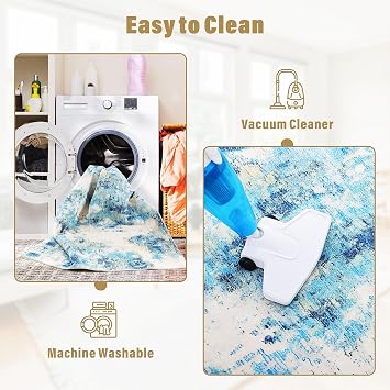 Carvapet 9x12 Area Rug - Blue Modern Abstract Large Carpet Low Pile, Non Slip Rubber Backing Easy Clean Foldable Big Thin Floor Mat for Living Room Bedroom