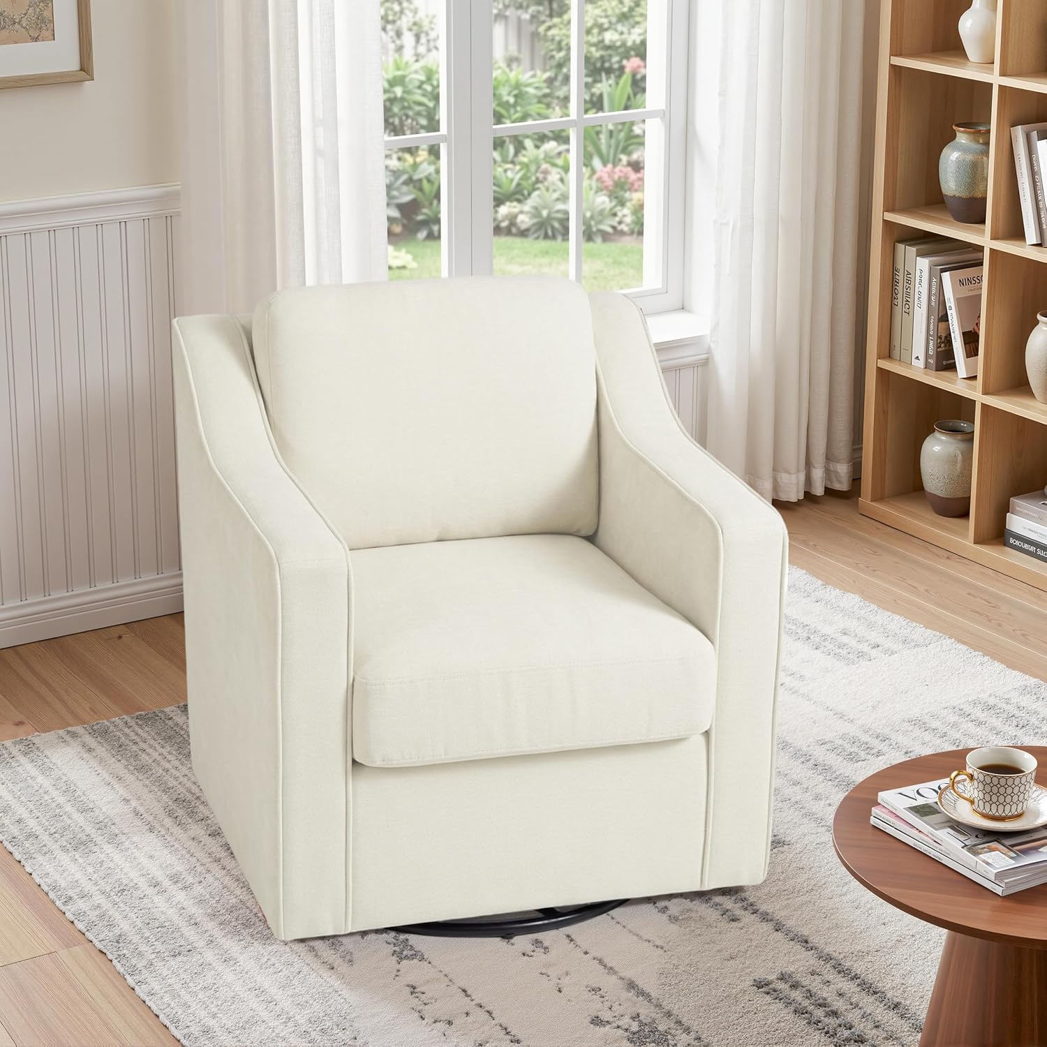Swivel Accent Chair, Upholstered Barrel Armchair, Beige