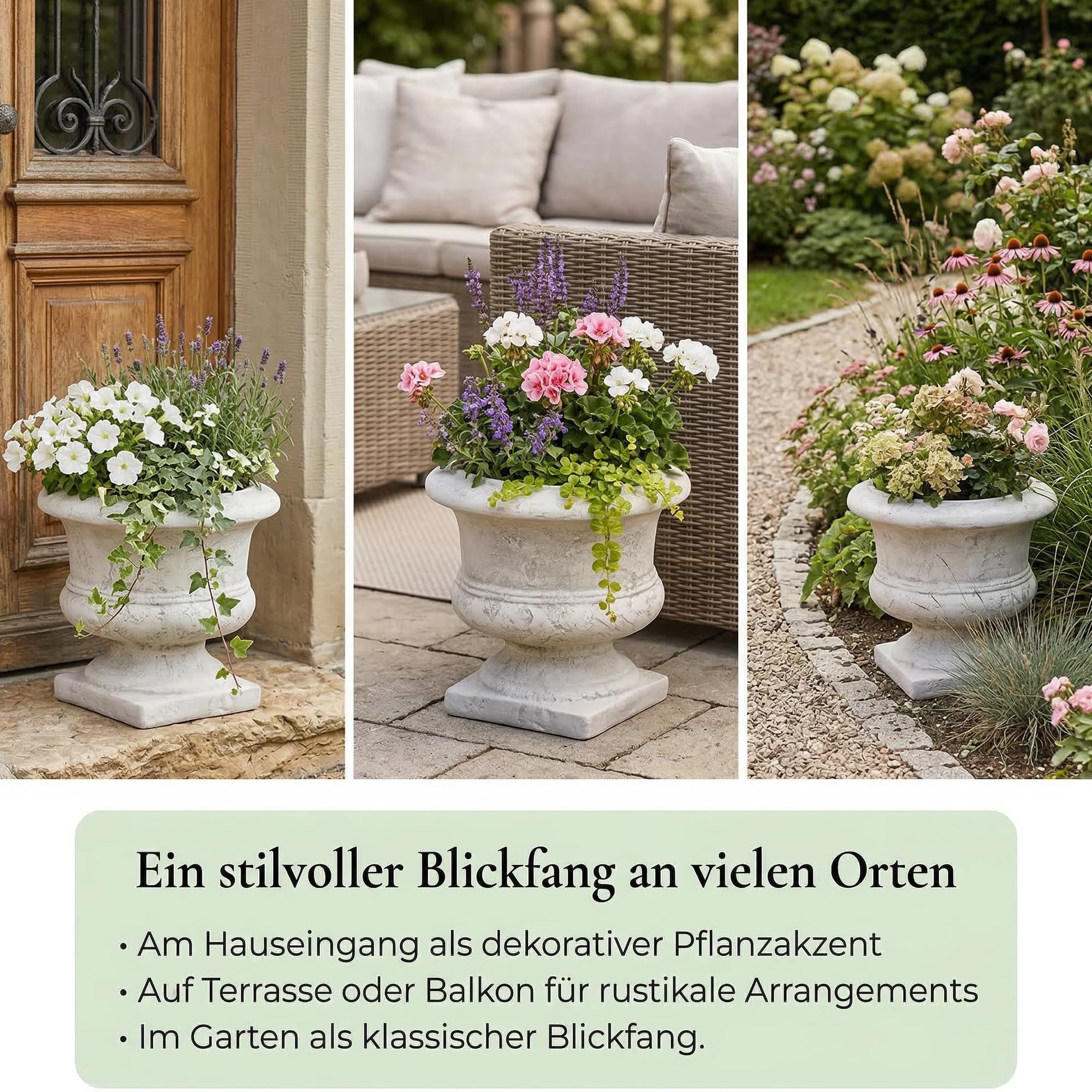 gartendekoparadies.de Rustikaler Pflanztrog aus Steinguss, Pflanzgefäß, H. 32 cm, 7,5 l, 14 kg, Grau, frostsicher für Außenbereich