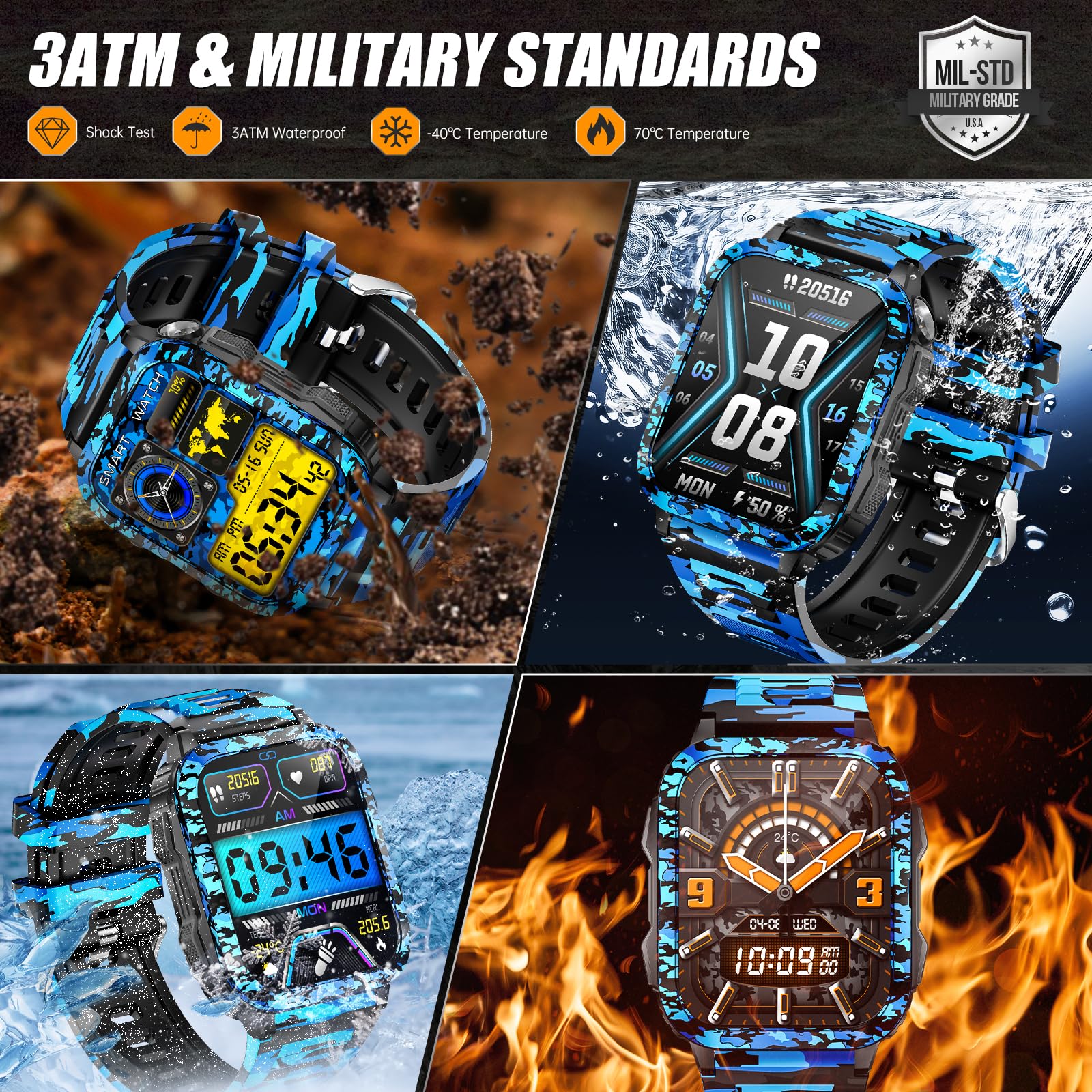 Montre intelligente militaire pour homme avec appel/lampe de poche LED/lumière UV 5 cm, grand écran 3 ATM, étanche, robuste, montre intelligente tactique avec moniteur de fréquence cardiaque, SPO2