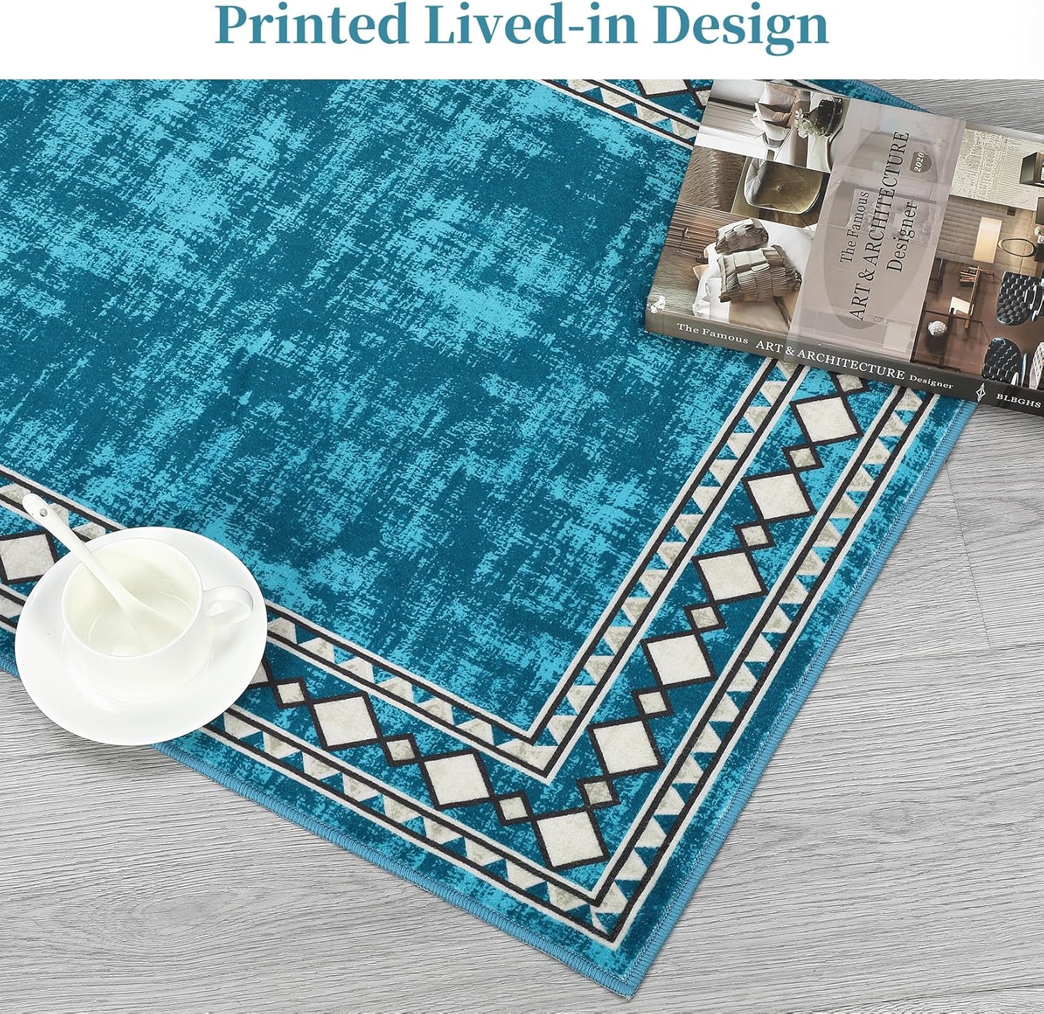 GAOMON 8x10 Area Rug Modern Bordered Machine Washable Area Rug for Living Room Bedroom Geometric Border Non-Slip Stain Resistant Accent Rug Carpet for Home Decor Floor Decoration, Teal