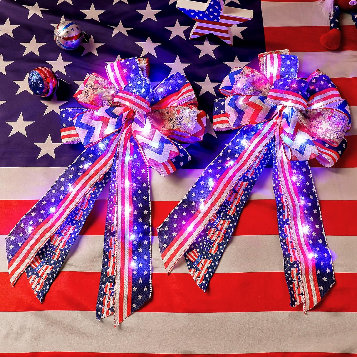 2 Pack Lighted Large Patriotic Bows, 20 x 11 inch Blue Red White Star Burlap Bow 4th of July American Flag Wreath Bow Patriotic Tree Topper for Bunting Holiday Veteran's Day Independence Day Decor