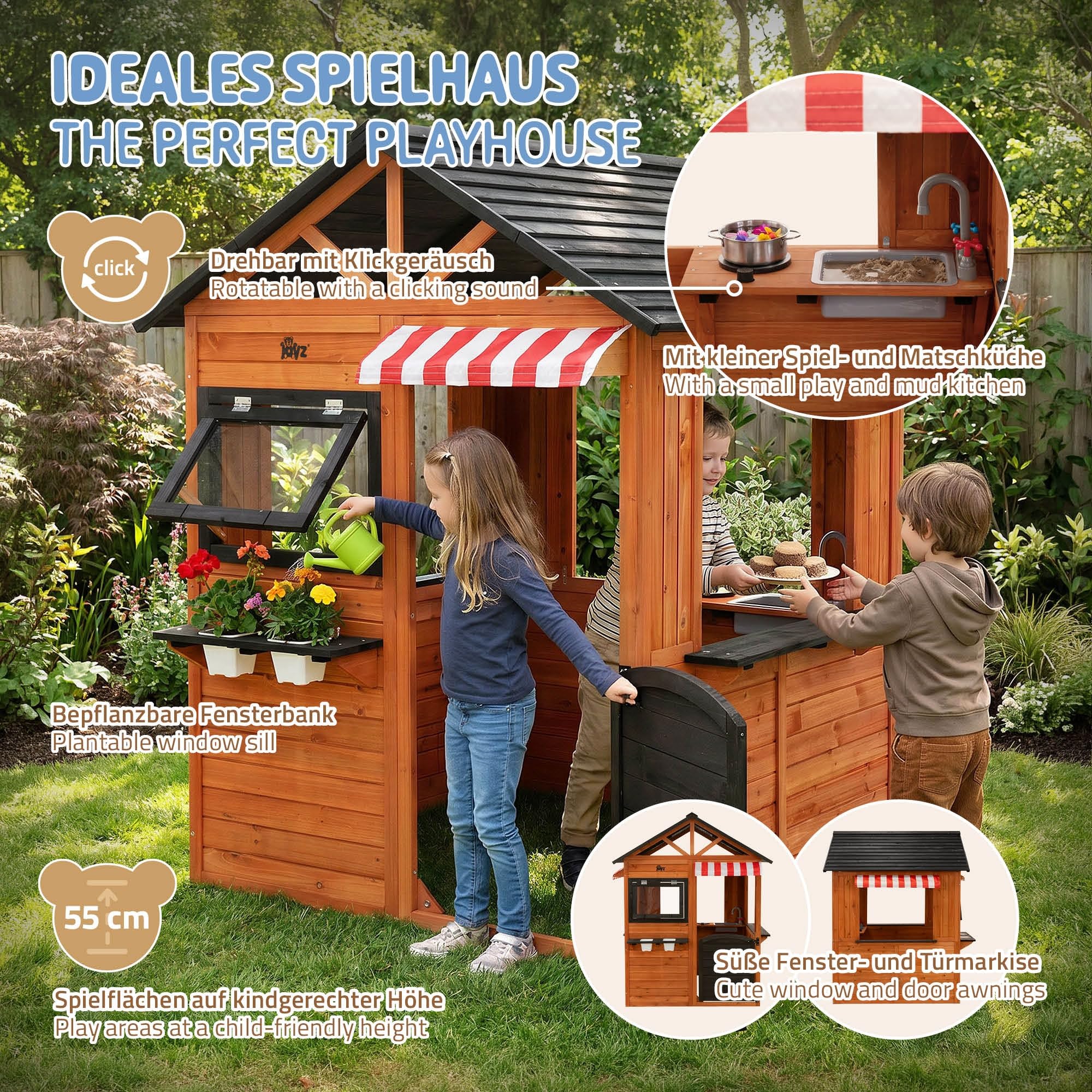 Joyz Kinderspielhaus aus Tannenholz massiv, Spielhaus mit Spiel- und Matschküche, Outdoor mit Tür, 4 Fenstern, wetterfest, für Kinder ab 3 Jahren