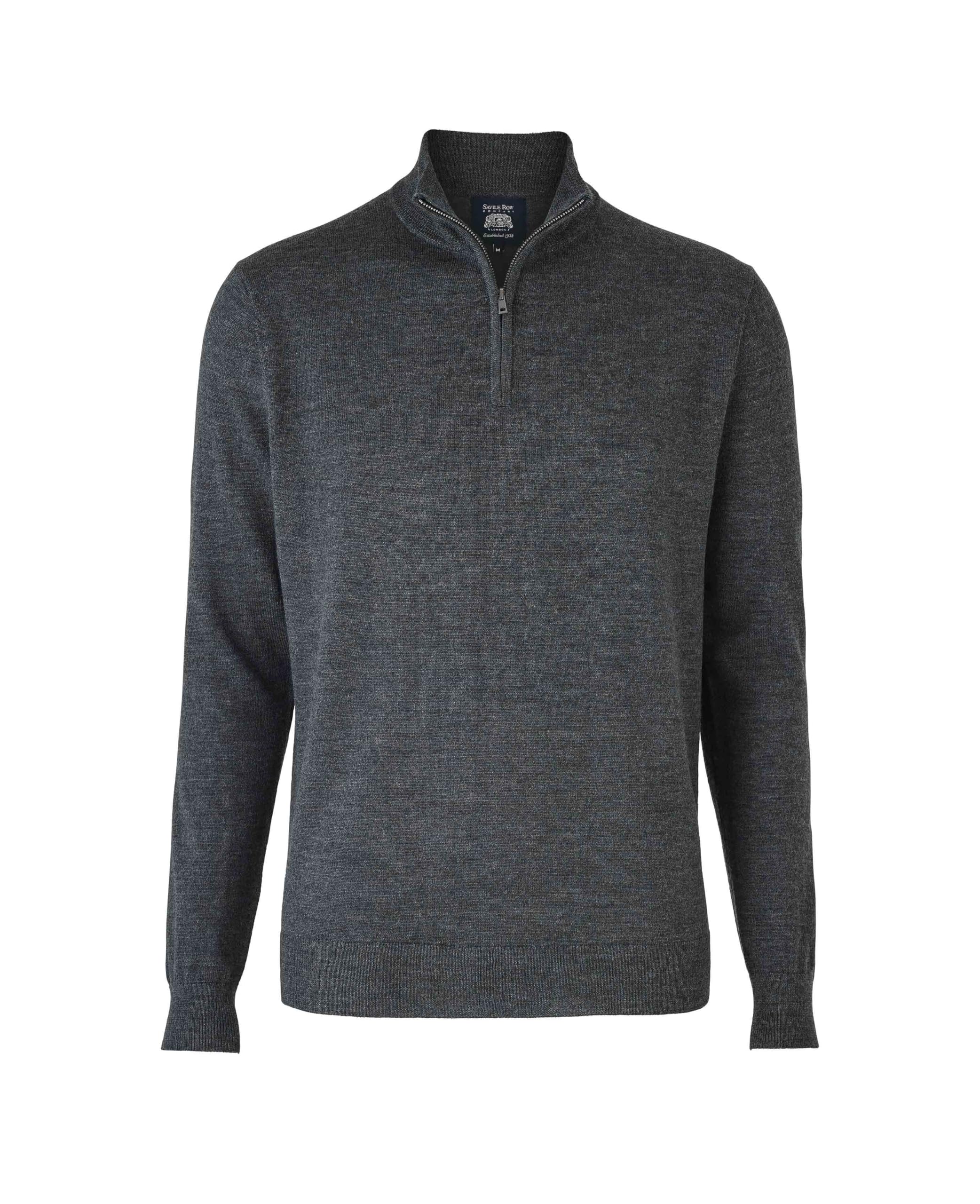 The Savile Row Company London Men's Charcoal Merino Wool Knitted Zip Neck Jumper - Xxl