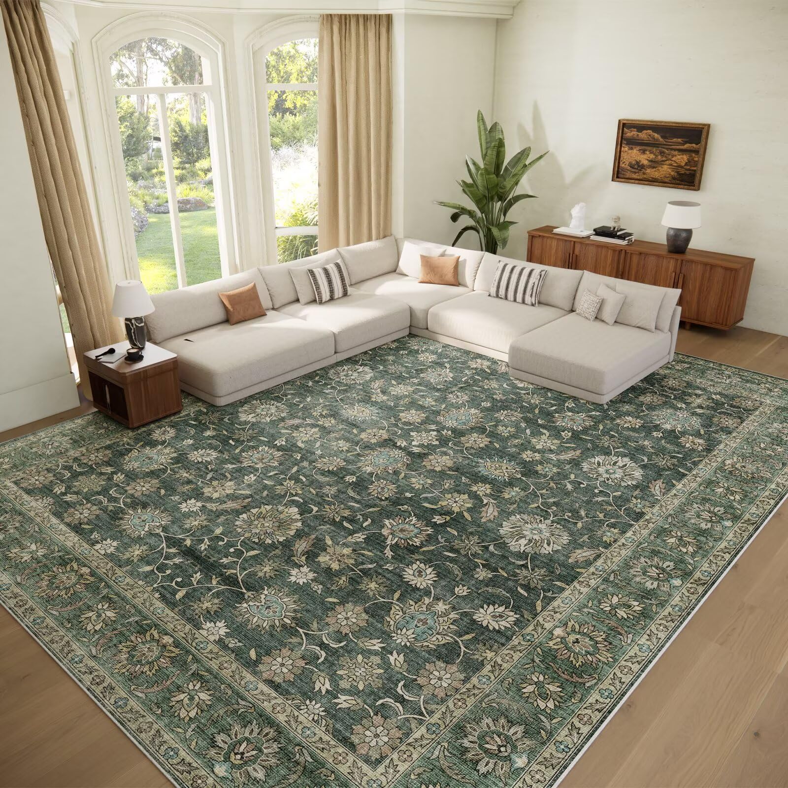 Photo 1 of Hedwior Washable 10x14 Area Rugs for Living Room, Boho Non-Slip Vintage Distress Large Rugs for Bedroom Dining Room Office, 0.3" Neutral Oriental Throw Thin Carpet, Sage Green/Multi, E1