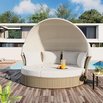 Quarte Outdoor Patio Daybed, Wicker Rattan Double Sunbed with Retractable Canopy and 4 Pillows, Round Sofa Furniture Set for Lawn Garden Backyard Porch Pool Beige#Canopy1