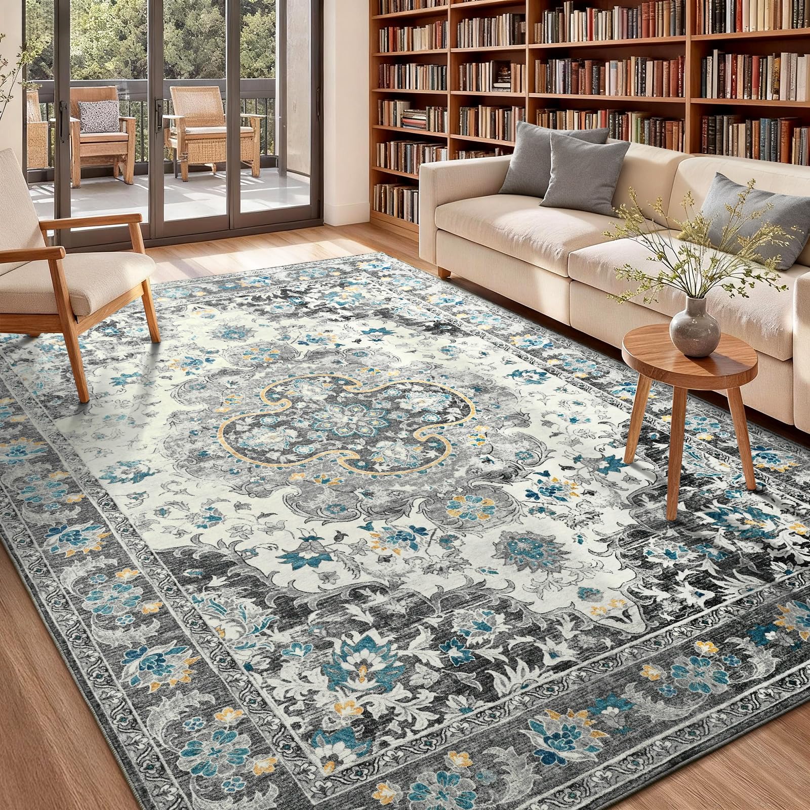 Opreine 5x7 Area Rug for Living Room, Machine Washable Rugs with Non-Slip Backing for Bedroom, Vintage Throw Rugs Low Pile Carpet for Dining Room