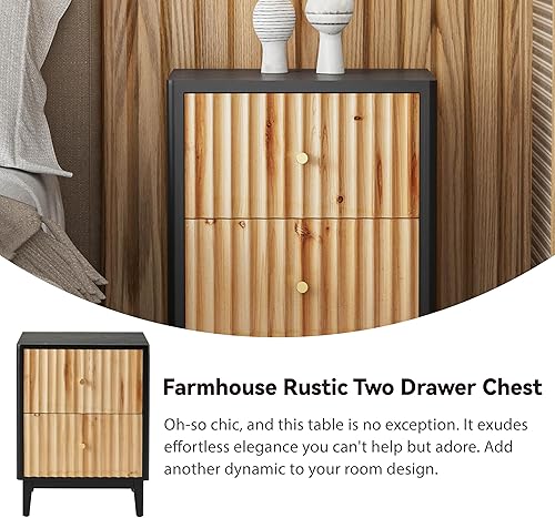 Miniatura 3 de Mesita de noche de granja de 2 cajones, mesa auxiliar de noche envejecida con patrón de ondas verticales 3D hecho a mano, para dormitorio, sala de