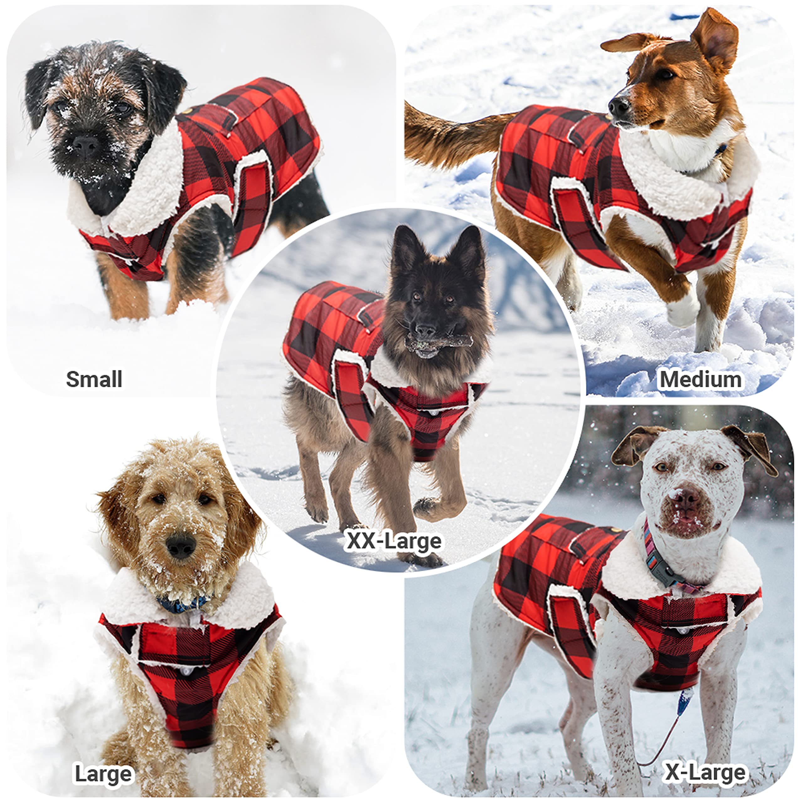 Chaqueta de invierno para perro, abrigo grueso y cálido de forro polar resistente al viento para nieve, clima frío, chaleco a cuadros con anillo en D para perros pequeños, medianos y grandes