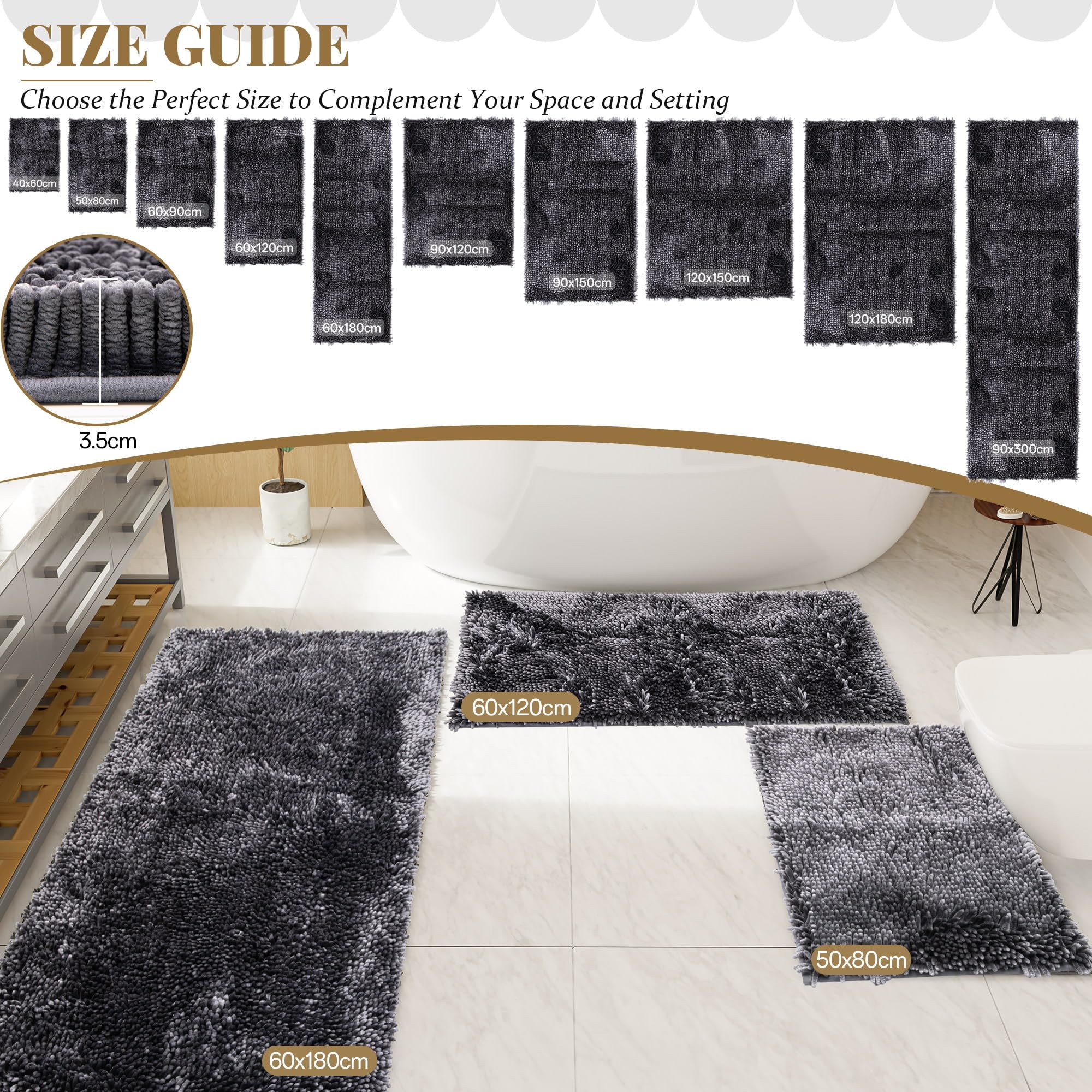 Tappeto da bagno in ciniglia, 60 x 180 cm, tappetino da bagno di lusso, extra spesso, morbido e assorbente, antiscivolo, lavabile in lavatrice, per pavimento del bagno, vasca e doccia, WC