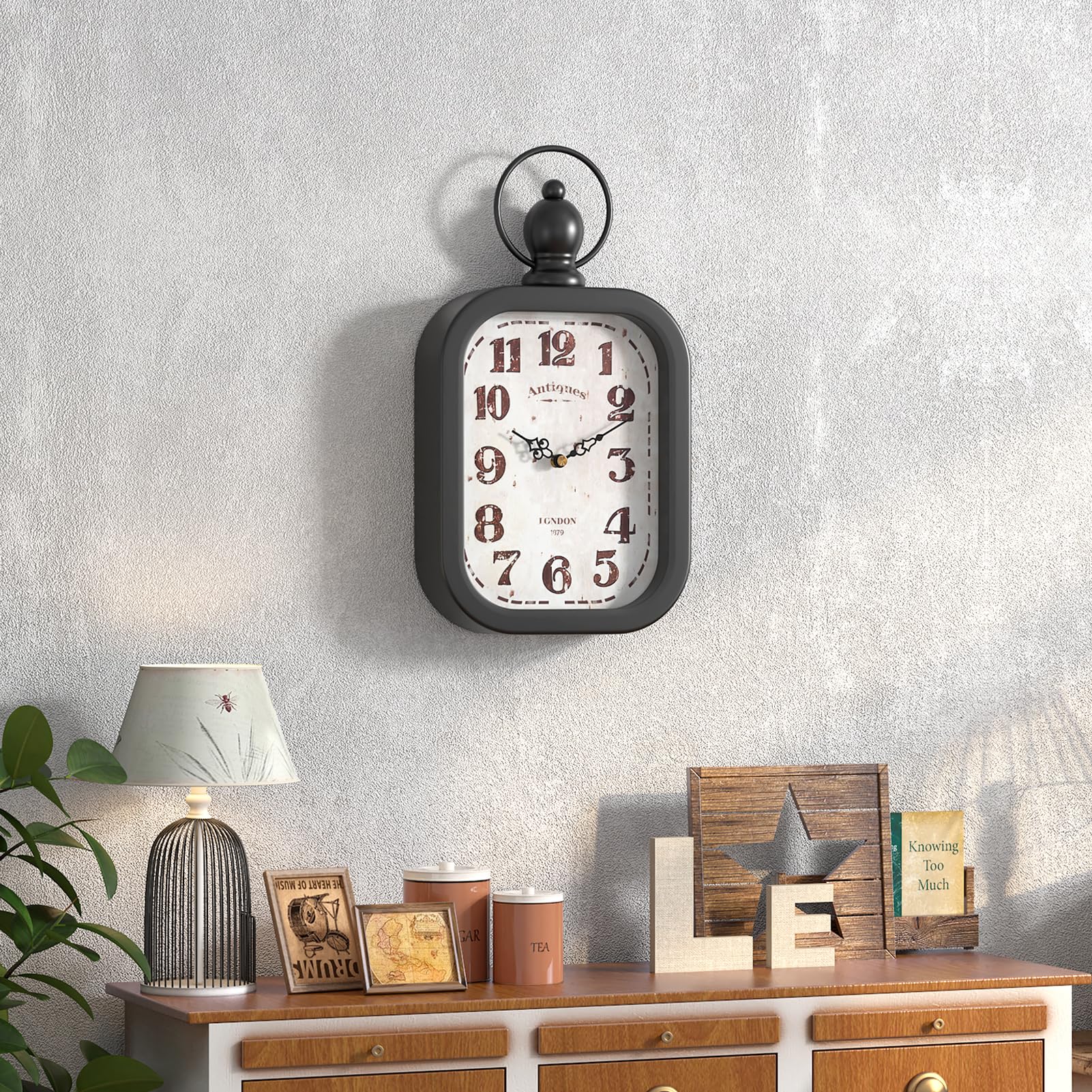 Reloj de pared rectangular retro pequeño, color negro, estilo vintage, decoración para granja, dormitorio, cocina, baño (11 pulgadas de alto x 6.1 pulgadas de ancho) 7