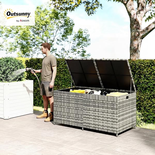 Outsunny 650L Extra Large Garden Storage Box with 2 Wheels, Rattan Deck Box with Waterproof Zipped Liner, Safe Pneumatic Rods, Patio Rattan Storage Container for Backyard Gardening Tools, Mixed Grey - 2