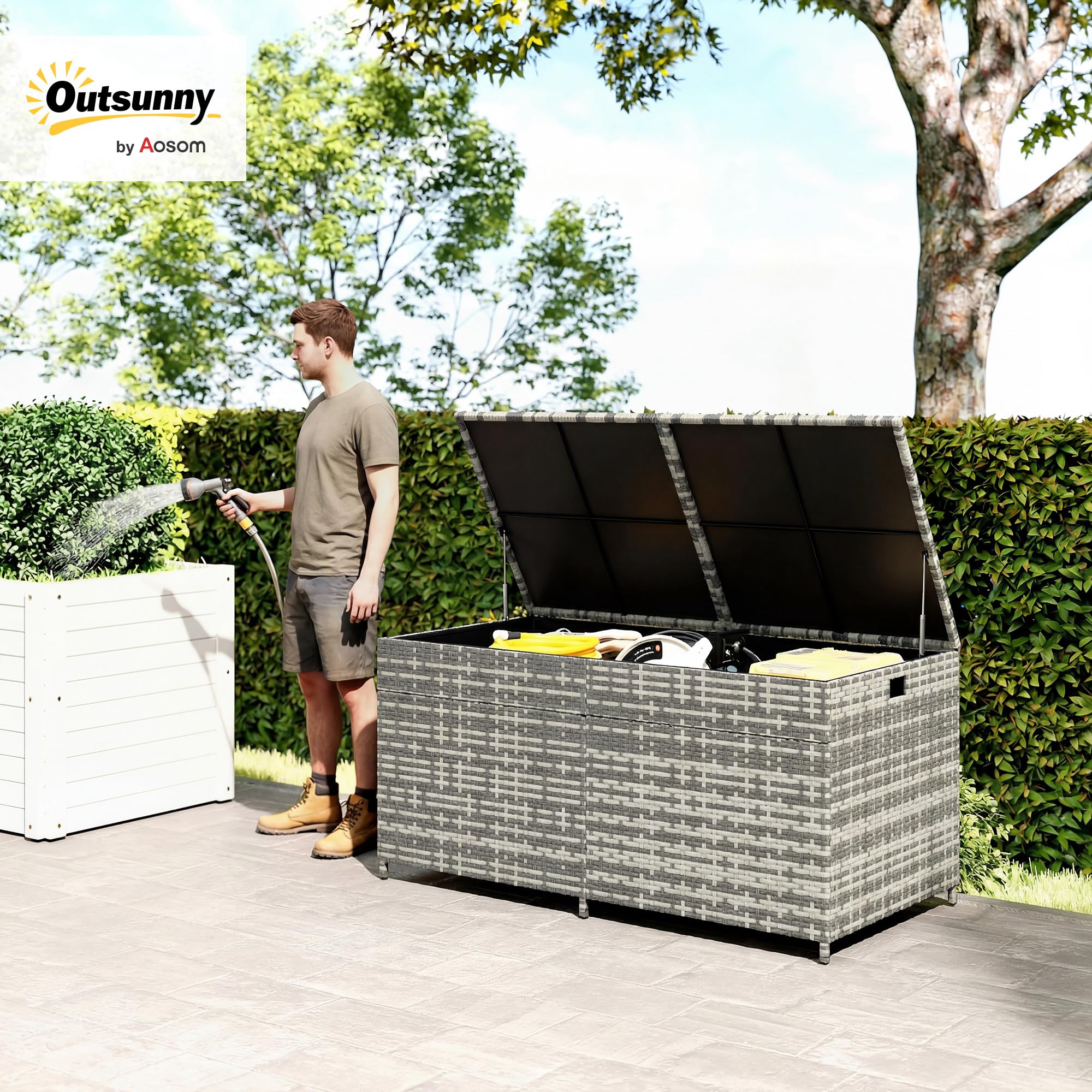 Outsunny - Baúl de Jardín de Resina Trenzado, 650 L, Impermeable con Forro con Cremallera, 2 Ruedas, para Jardín y Balcón, 150 x 75 x 74 cm, Color Gris