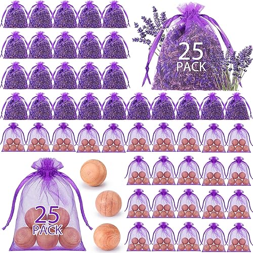 Demissle Paquete de 50 bolsitas de cedro de lavanda, incluye 25 bolsas de cedro y 25 sobres perfumados de lavanda para el hogar, bolsitas de