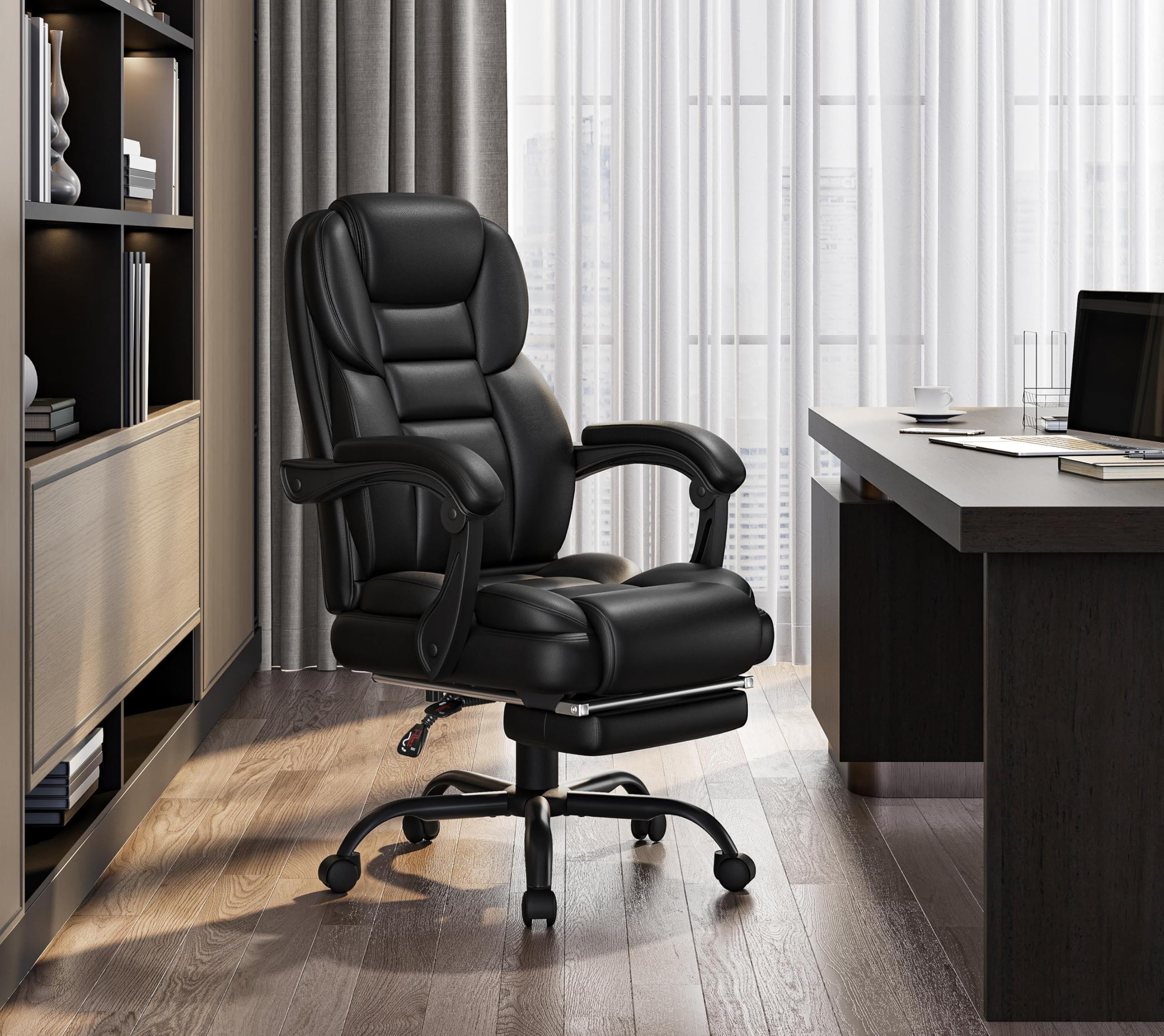 Yaheetech Silla Gaming Ergonómica con Reposapiés Silla de Oficina de Piel Sintética con Respaldo Alto y Reposabrazos Reclinables Acolchados Ruedas Giratorias Altura Ajustable Negro