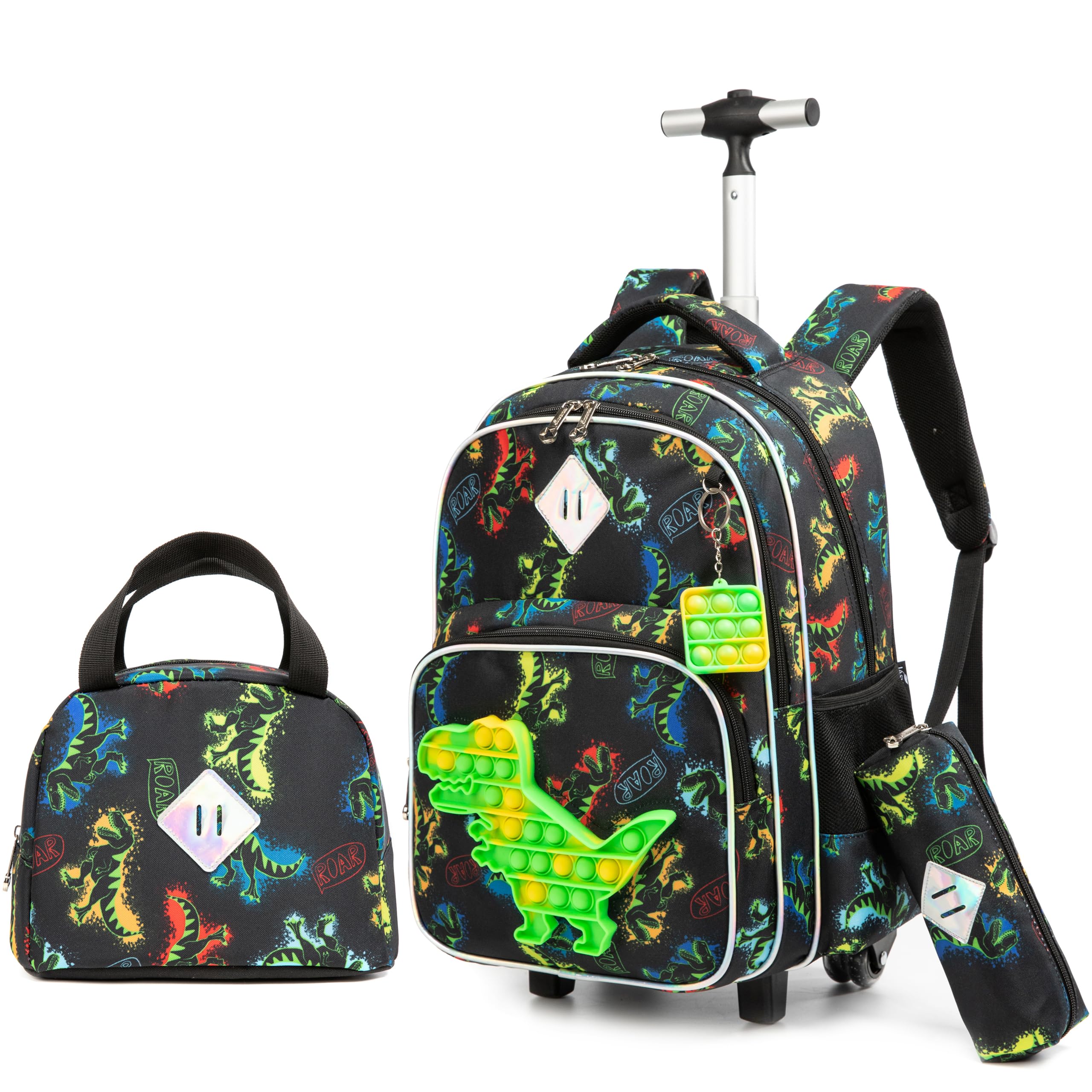 HTgroce Dinosaurios Mochila Chico Escolar con Ruedas, POP Niños Trolley Escolar Estudiantes de Primaria Carros para Mochilas Bolsa de Almuerzo Estuche Escolares Equipaje de Viaje