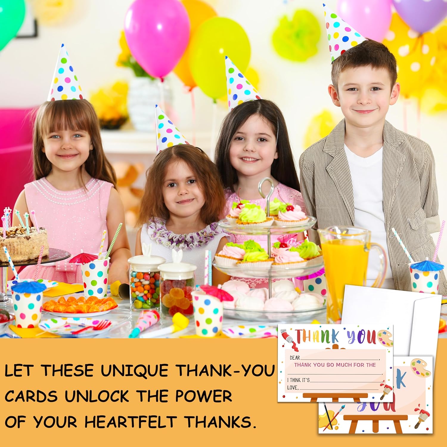 Art Thank You Cards, Painting Thank You Notes For Birthday Party Baby Shower, Colorful Greeting Cards For Kids, 20 Pack Fill In Blank Thank You Cards With Envelopes, 17 - Image 5