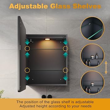 ELEGANT 500x700mm LED Bathroom Mirror Cabinet With Shaver Socket - Wall Mounted With Touch Button 3 Colour Light and Demister - Stainless Steel Black [Energy Class D]