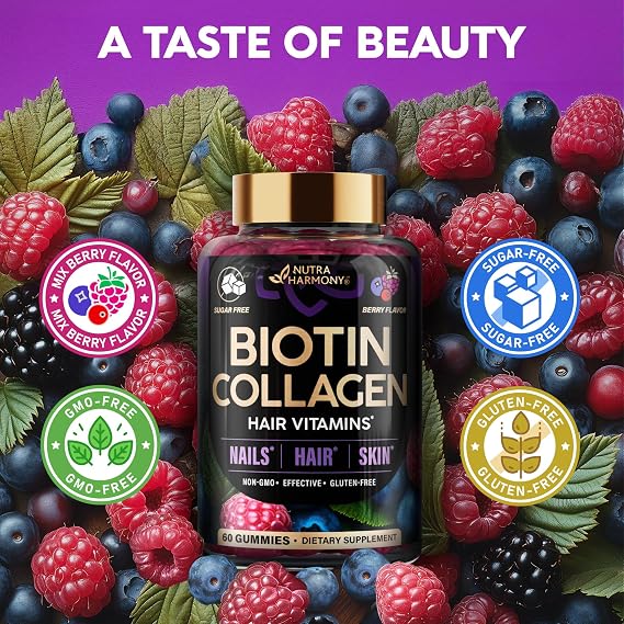 Biotin Gummies with Collagen - Hair Growth Support Skin, Nail Strength - for Women & Men - Biotin 10000mcg | Keratin | Hyaluronic Acid | B-Complex | Saw Palmetto - Sugar-Free, Mixed Berry, Pack of 2