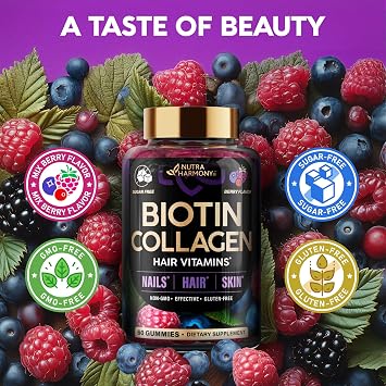 Biotin Gummies with Collagen - Hair Growth Support Skin, Nail Strength - for Women & Men - Biotin 10000mcg | Keratin | Hyaluronic Acid | B-Complex | Saw Palmetto - Sugar-Free, Mixed Berry, Pack of 2