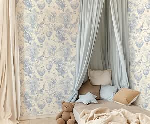 RollsRolla Blue and White Safari Animal Peel and Stick Wallpaper