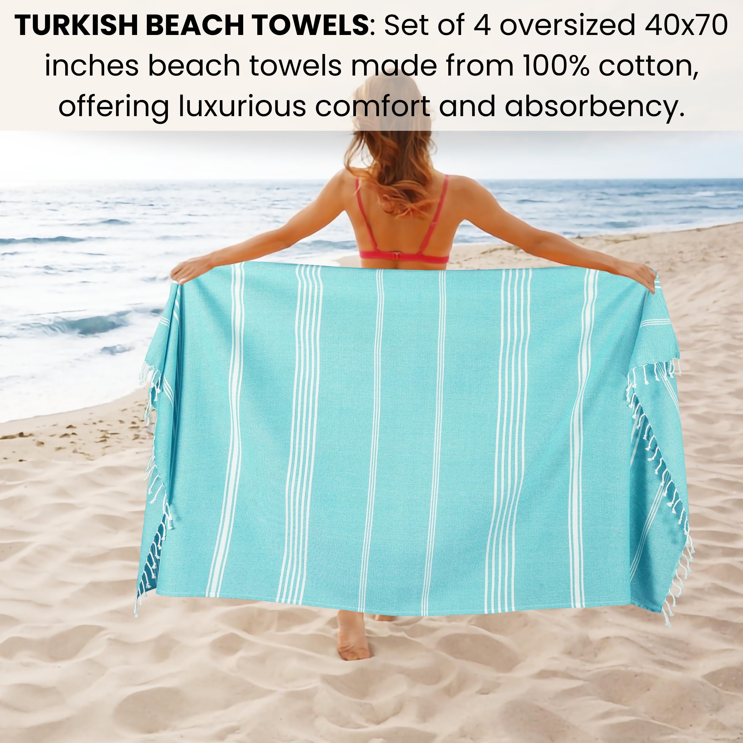 Cotton Clinic Juego de 4 toallas de playa turcas de algodón de gran tamaño de 40 x 70 pulgadas, para viajes, gimnasio, piscina, spa, manta de playa, toallas de baño, ultrasuaves, de secado rápido,