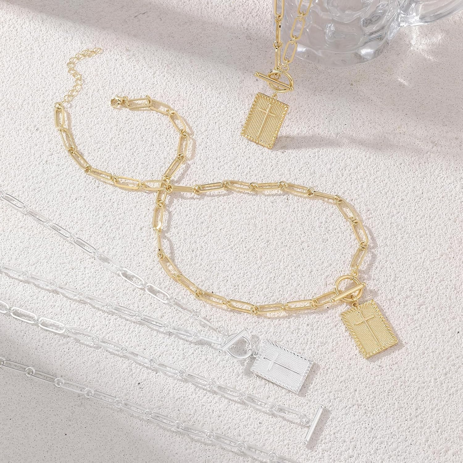 14K Gold And Plated Cross Pendant Necklace for Women, Dainty Dainty Paperclip Chain with Toggle Clasp Rectangle Cross Charm Necklace Religious Christian Faith Jewelry Gift for Her - Image 7