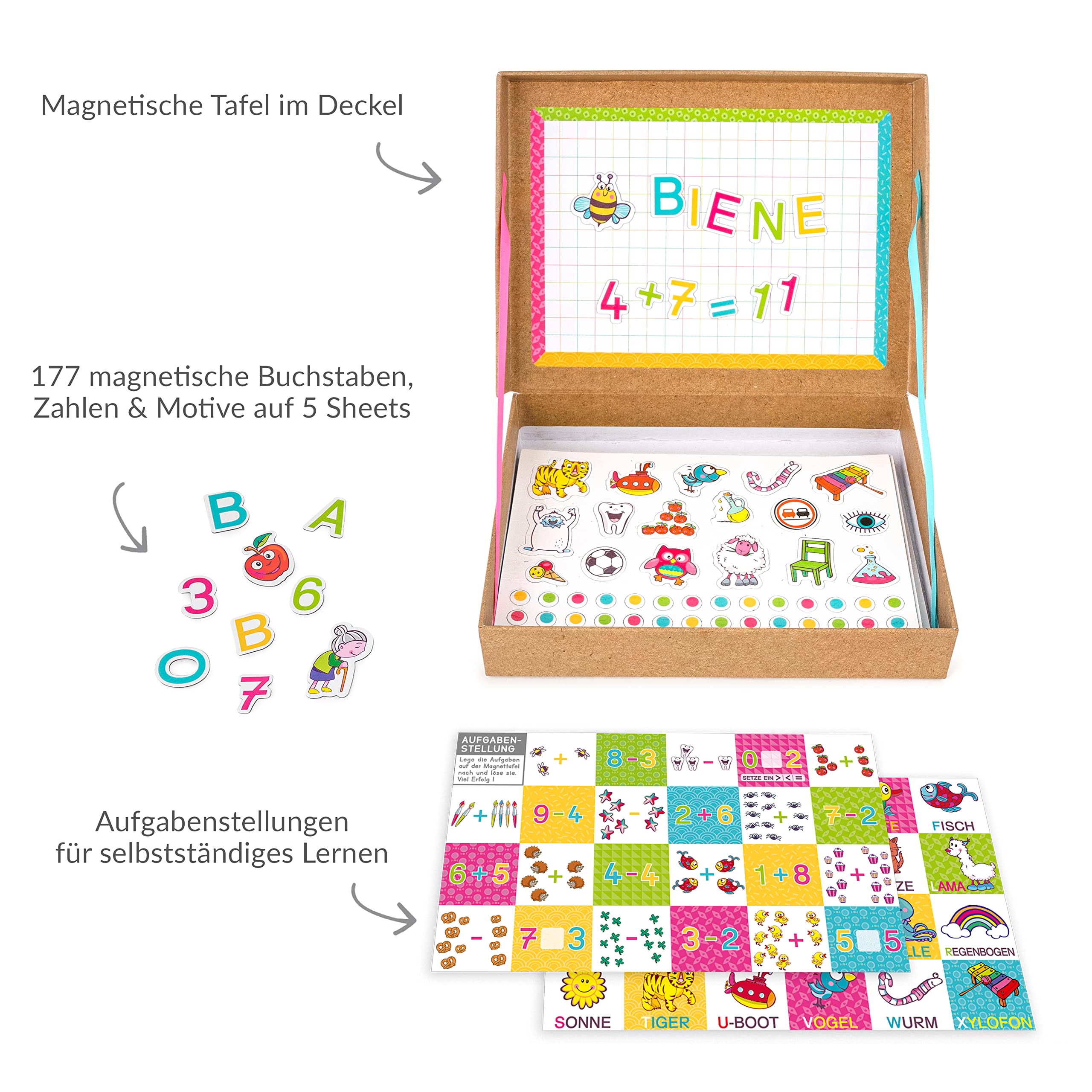 TRENDHAUS 956446 ABC Champions Mini-Magnettafel für Kinder, Magnetische Buchstaben & Zahlen, Kleines Geschenk zum Schulanfang, Gelb, Rot, Pfirsichfarbe, Grün, Blau