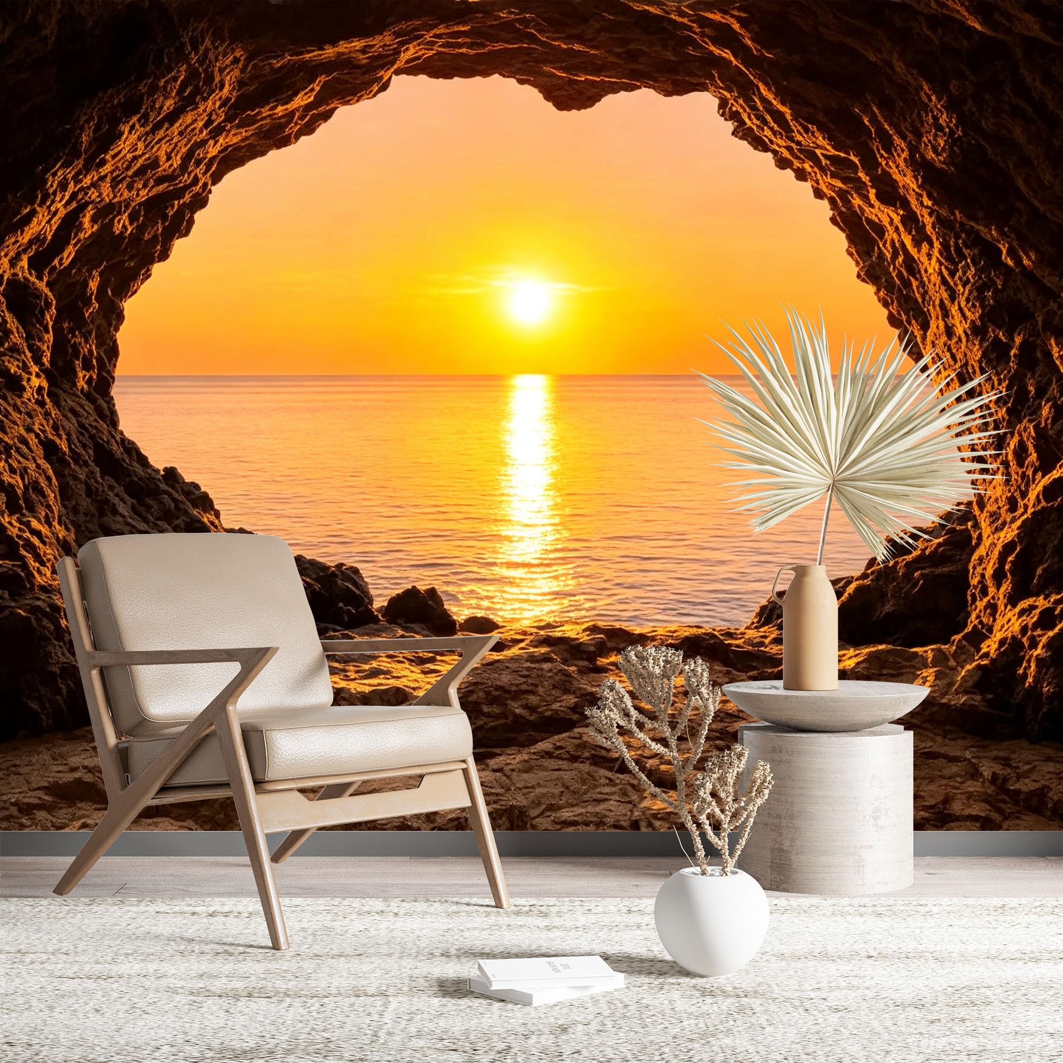 Custom Size Wall Murals Golden Sunset Sea View Through Cave Arch Large Photo Wallpaper Self-Adhesive Wall Fabric (NO PVC) Removable Wallpaper for Living Room Bedroom