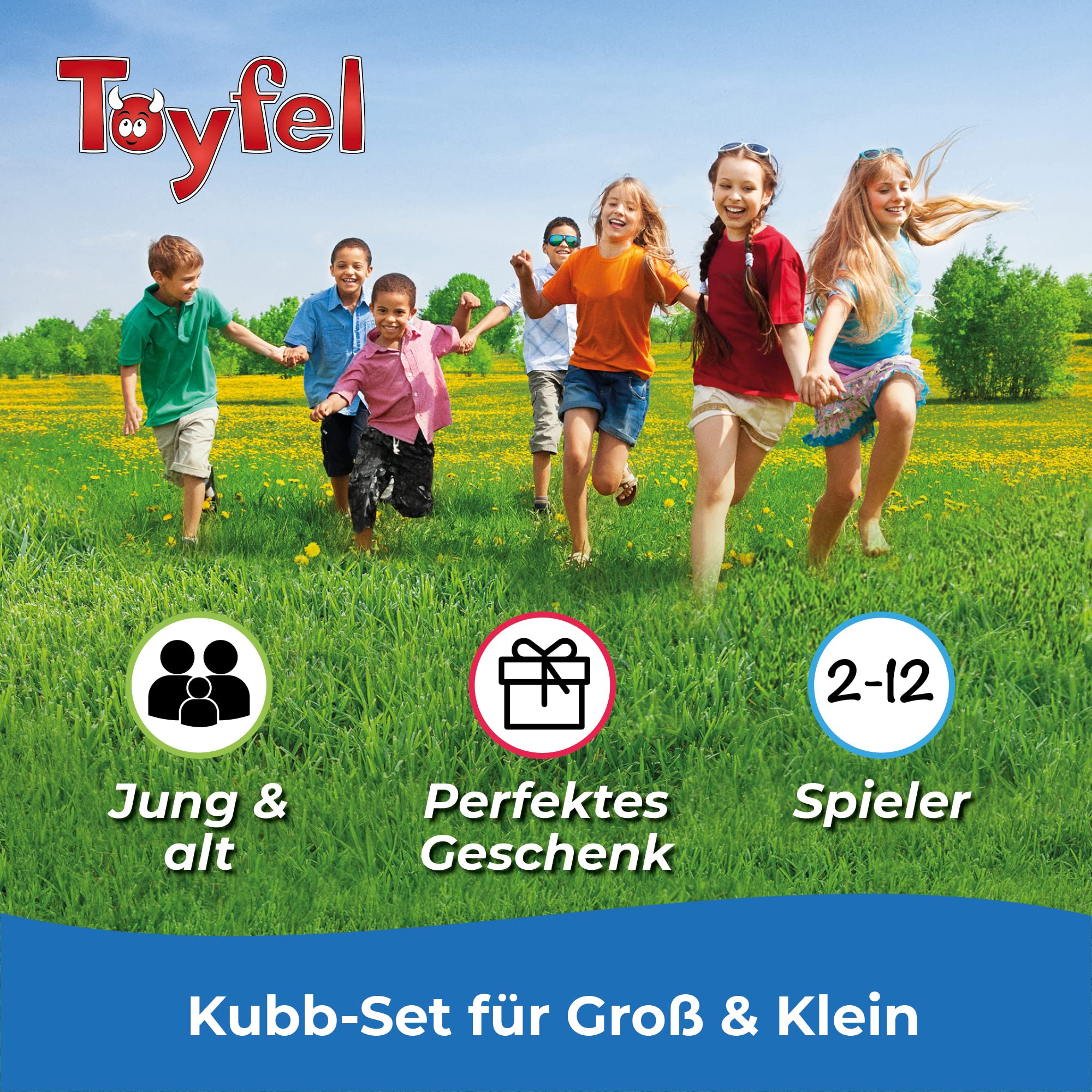Toyfel Kubb Outdoor Spiel XXL - Original Wikinger Spiel - Schweden Schach - Holz Schwedenschach mit Stoffbeutel Wurfspiel aus FSC® Kieferholz für Kinder und Erwachsene