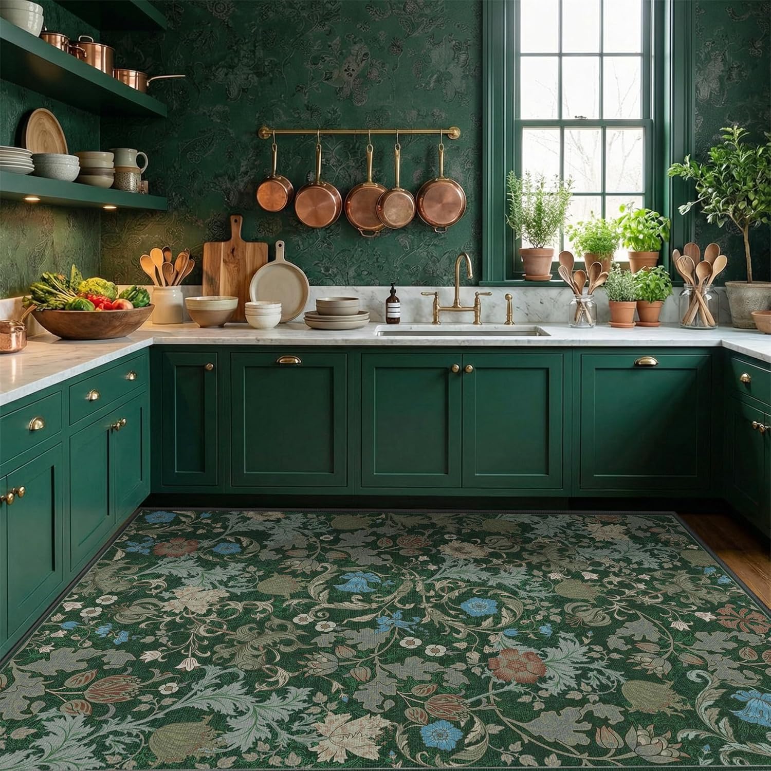 Forest Green Floral Area Rug 3x5 for Entryway, Washable Vintage Farmhouse Botanical Rug, Non Slip Low Pile Thin Floor Decor Soft Accent Rug for Front Door Kitchen Playroom Bedroom