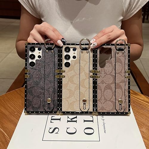 Miniatura 3 de Funda cuadrada de piel de lujo diseñada para Samsung Galaxy S23, ultra linda, con correa para pulsera, protección anticaídas, compatible con Samsung