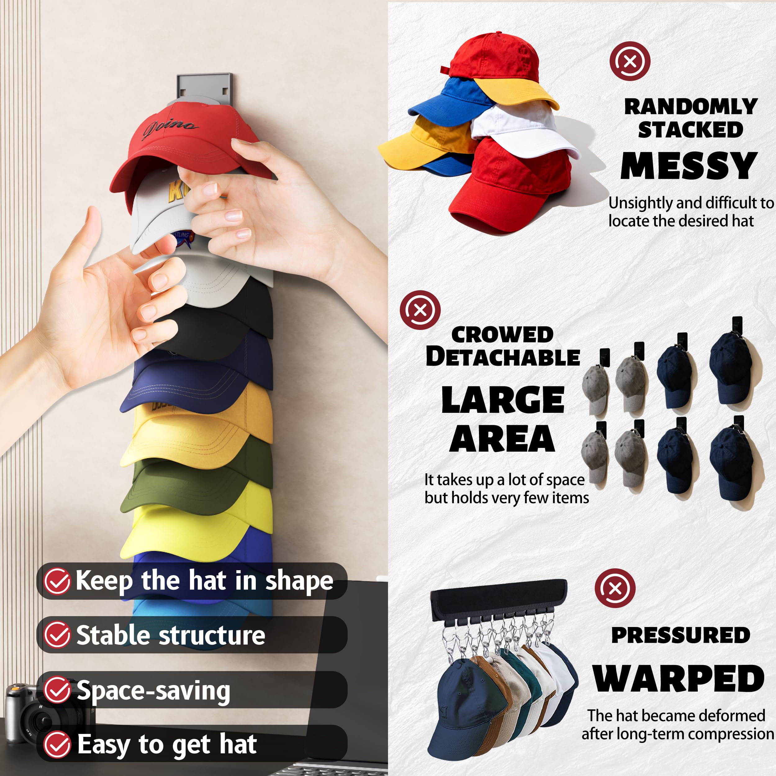 Organizador de sombreros con capacidad para hasta 20 sombreros, paquete de 2 soportes para sombreros para pared con adhesivo fuerte, organizador de sombreros para gorras de béisbol para puerta de