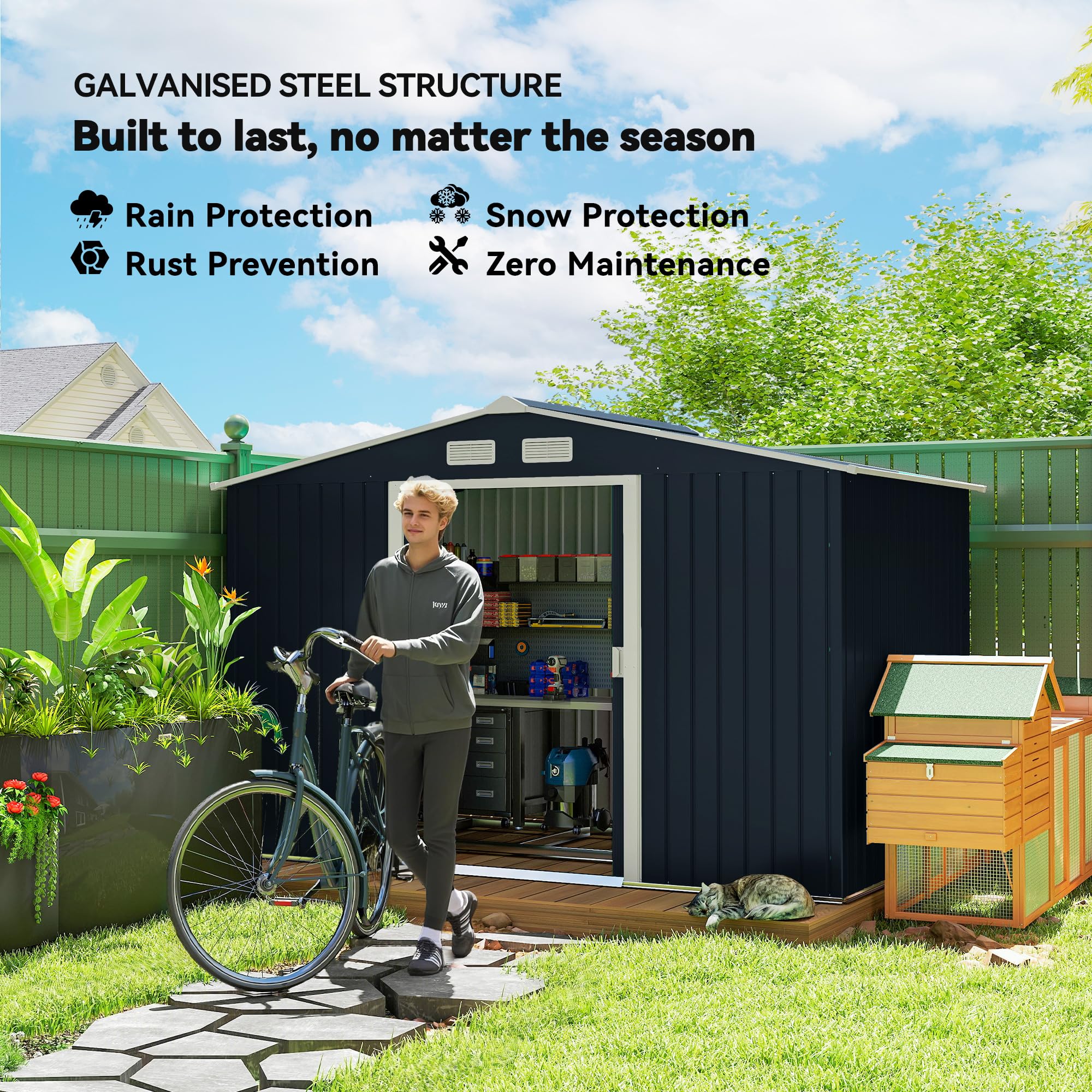 Outsunny 9' x 6' Garden Storage Shed with Foundation Kit, Metal Tool Storage House with Double Doors for Outdoor Patio Yard, Dark Grey — view 3