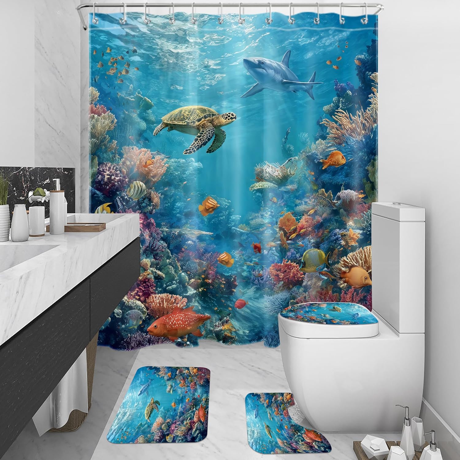 4 Pcs Blue Ocean Shower Curtain Set with Non-Slip Bathroom Rugs, Sea Turtle and Shark Tropical Fish Underwater World Shower Curtain with Bath Mat and Toilet Lid Cover Bath Decor, 72x72 Inches