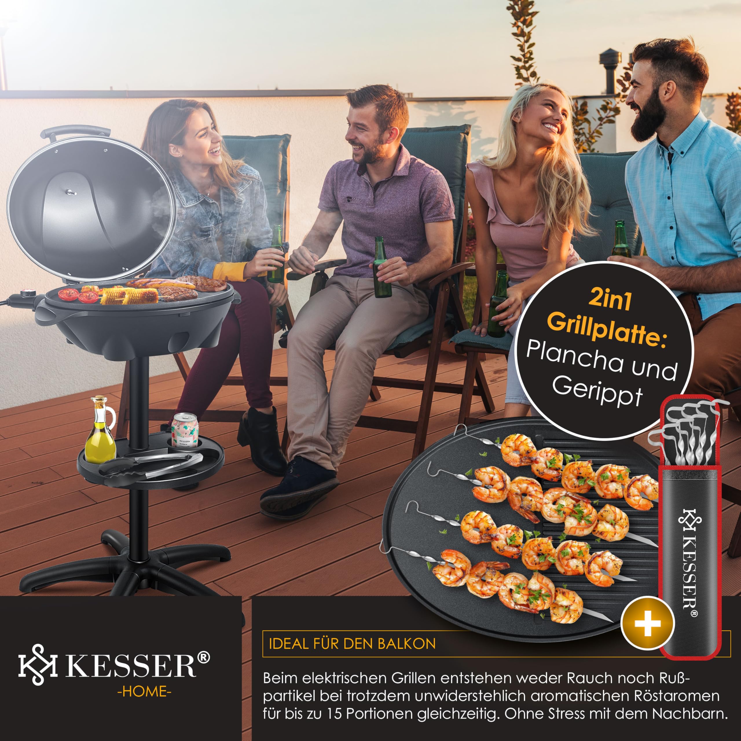 KESSER® Barbecue électrique 2 en 1, sur pied, couvercle, thermomètre, 2400 W, revêtement antiadhésif, plaque de cuisson XXL, rangement intégré