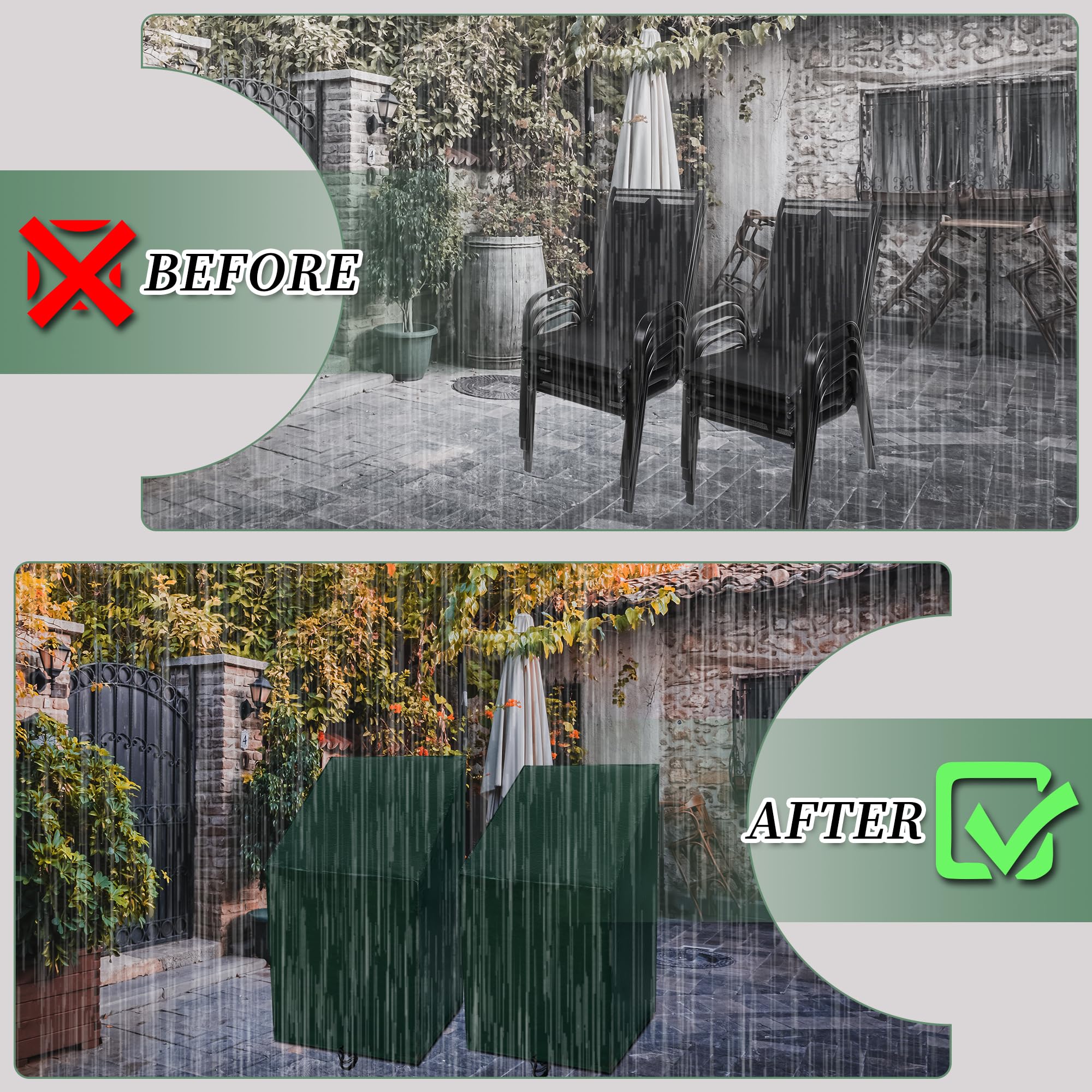 Fundas para sillas apilables de jardín, impermeables, para sillas apilables, resistentes al viento (verde-polietileno, 65 x 65 x 80/120 cm)