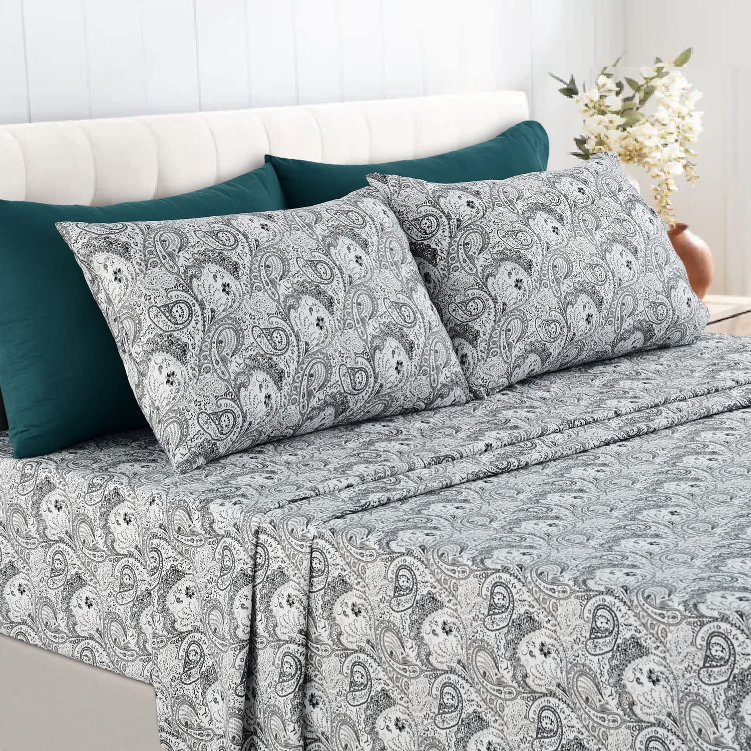 Lux Decor Collection Bed Sheet Set - Brushed Microfiber 1800 Thread Count Bedding - Wrinkle, Stain & Fade Resistant - Deep Pocket Queen Size Sheets Set - 6 PC (Queen, Paisley White/Grey)