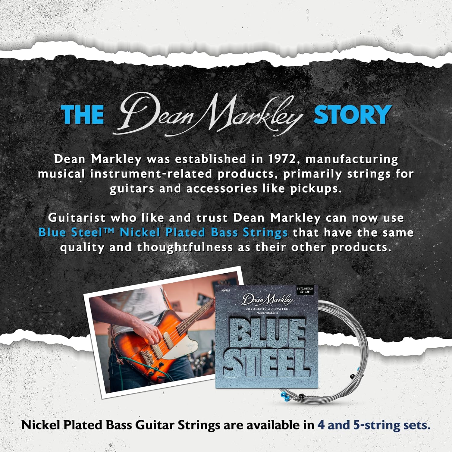 Dean Markley NPS Blue Steel Bass Guitar Strings 5 String Set, 50-128 Medium 5 String Bass Guitar, Cryogenically Processed Steel Bass Strings with Warm Rich Tone, Made in the USA