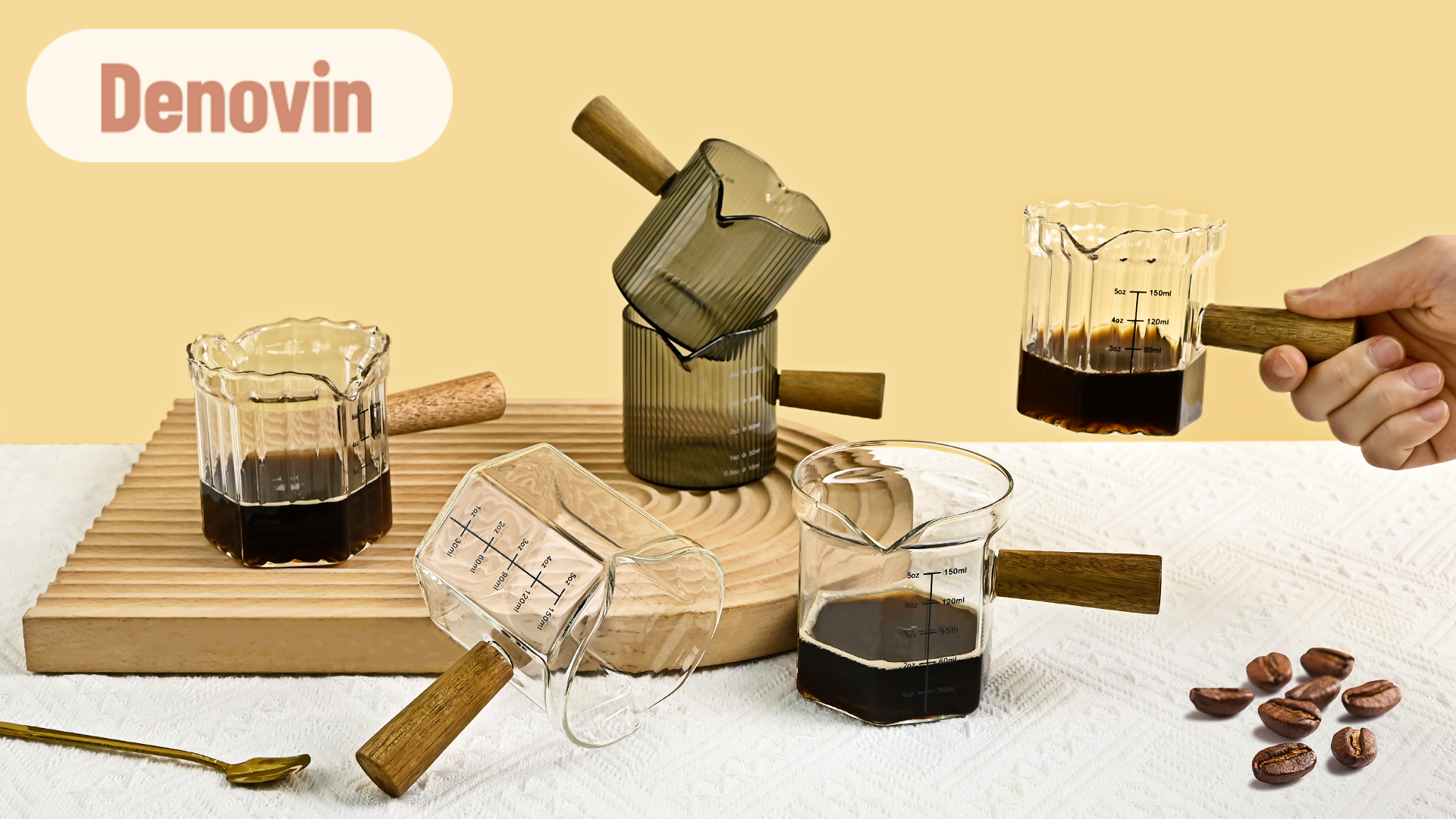 Vaso medidor de vidrio 150 ml con asa de madera miniatura 7