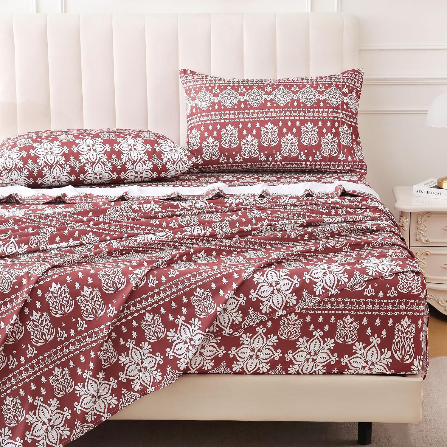 King Size Paisley Printed Sheet Set,4 Pieces Boho Style Breathable Soft Microfiber Bedsheets, Anti Pilling Deep Pockets Easy Care Bed Sheets, Red