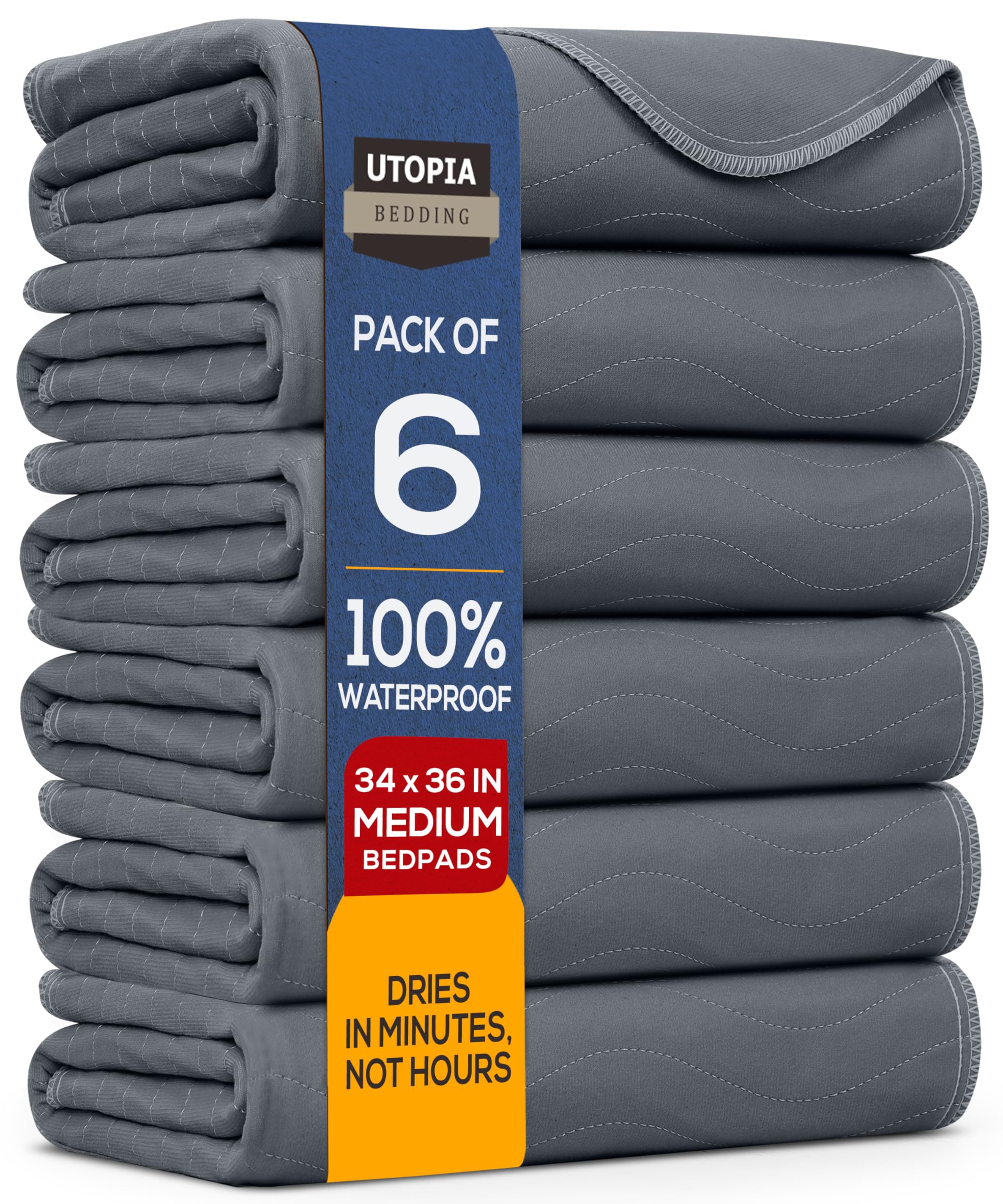 bedding washable underpads 34" x 36" (pack of 6), waterproof reusable heavy absorbency incontinence bed pads for adults, kids, elderly and pets, bedwetting pads for sofa and couch (grey)