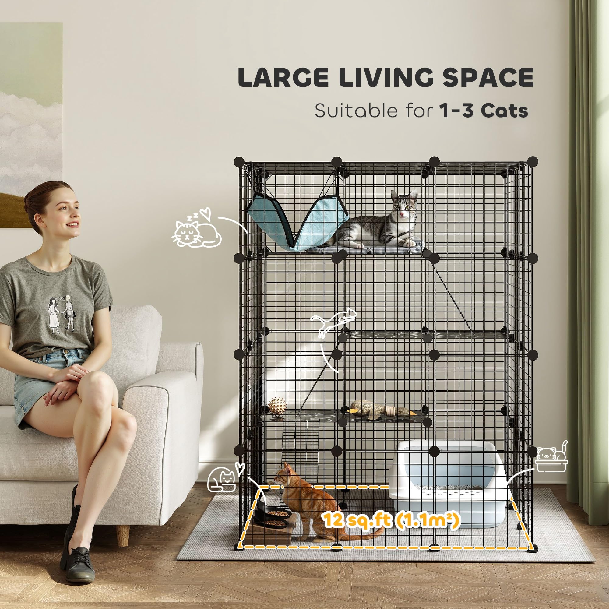 PawHut - Cercado para Animales domésticos, recinto de Conejo Interior, 4 Niveles, recinto Modular para pequeños Animales, Conejos, Paneles de Malla, 105 x 105 x 140 cm, Color Negro