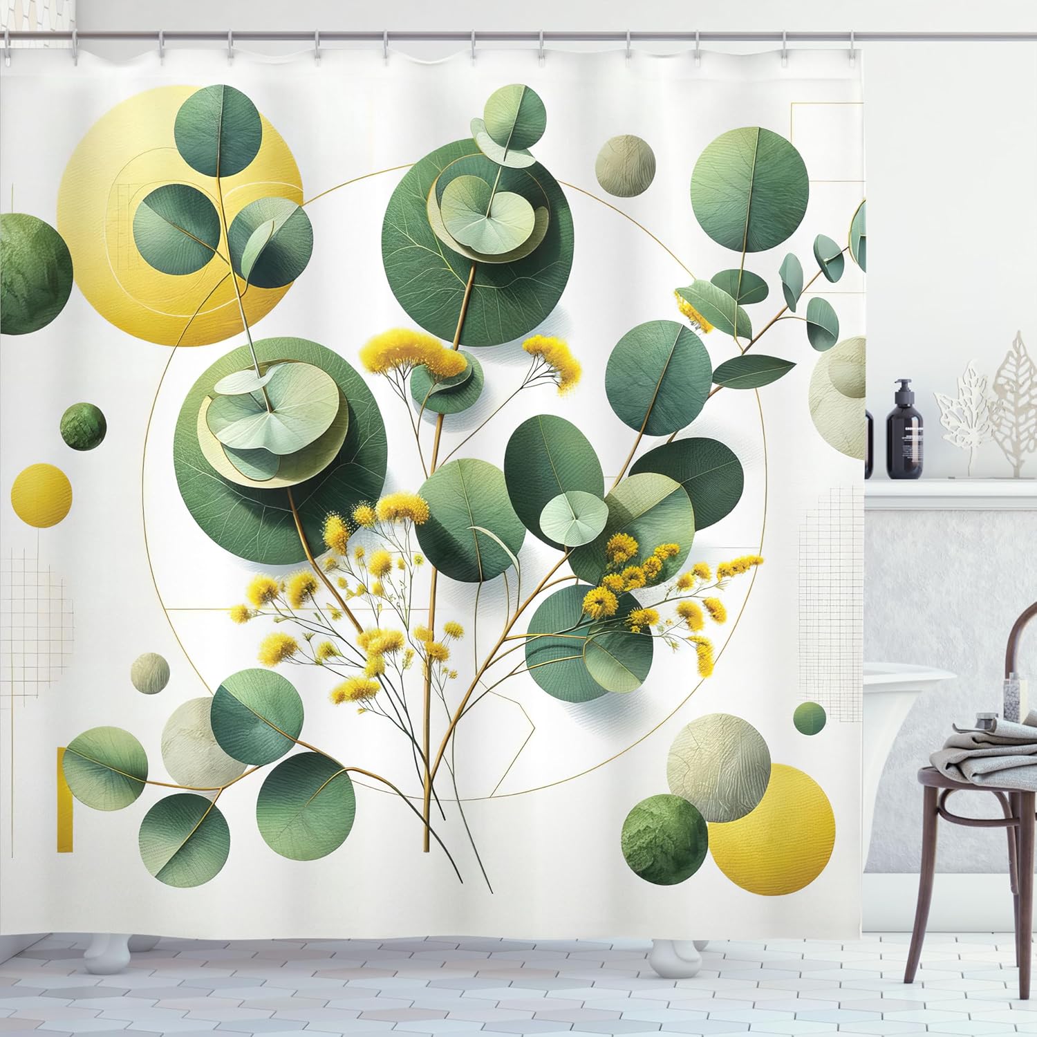 Ambesonne Eucalyptus Leaves Shower Curtain, Leaf Design in Mid Century Modern Boho Geometric Details, Cloth Fabric Bathroom Decor Set with Hooks, 69" W x 70" L, Fern Green Yellow and White
