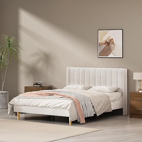 QNZK Base de cama tapizada con cabecero y listones de madera fuertes, no necesita somier, pie de madera silencioso fácil de montar (crema, Queen)